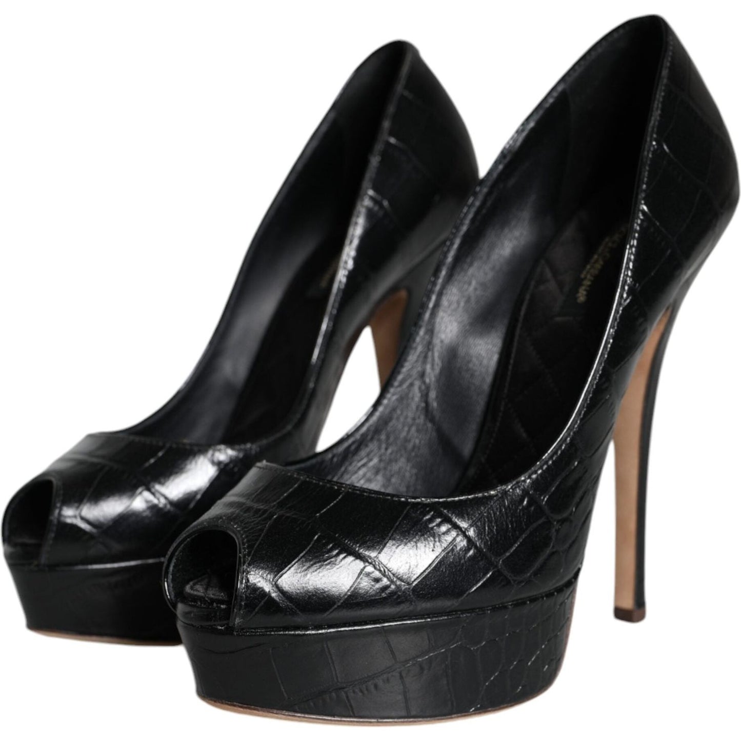 Dolce & Gabbana black leather platform heels pumps, made in Italy, featuring logo details and high-quality materials.