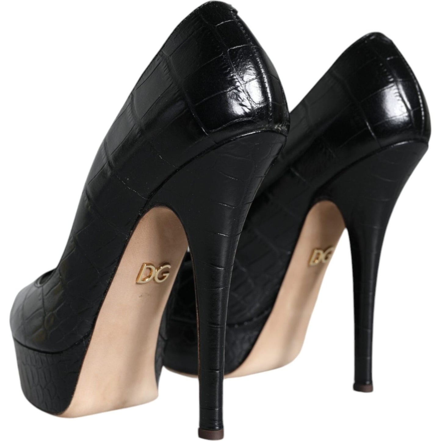 Dolce & Gabbana black leather platform heels, featuring high stiletto design, elegant DG logo, authentic Italian craftsmanship.