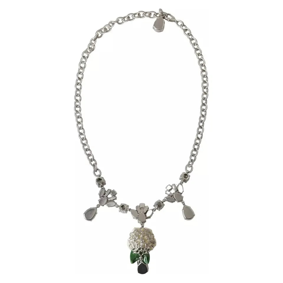 Dolce & Gabbana Silver Brass Clear Crystal Roses Pendants Necklace Necklace Dolce & Gabbana Dark Gray