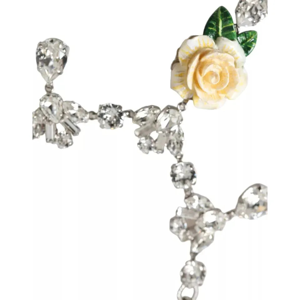 Dolce & Gabbana Silver Brass Clear Crystal Roses Pendants Necklace Necklace Dolce & Gabbana Gray