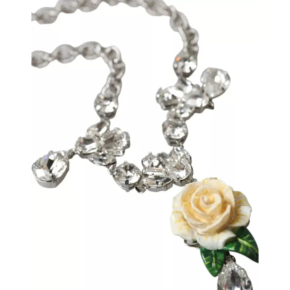 Dolce & Gabbana Silver Brass Clear Crystal Roses Pendants Necklace Necklace Dolce & Gabbana Gray