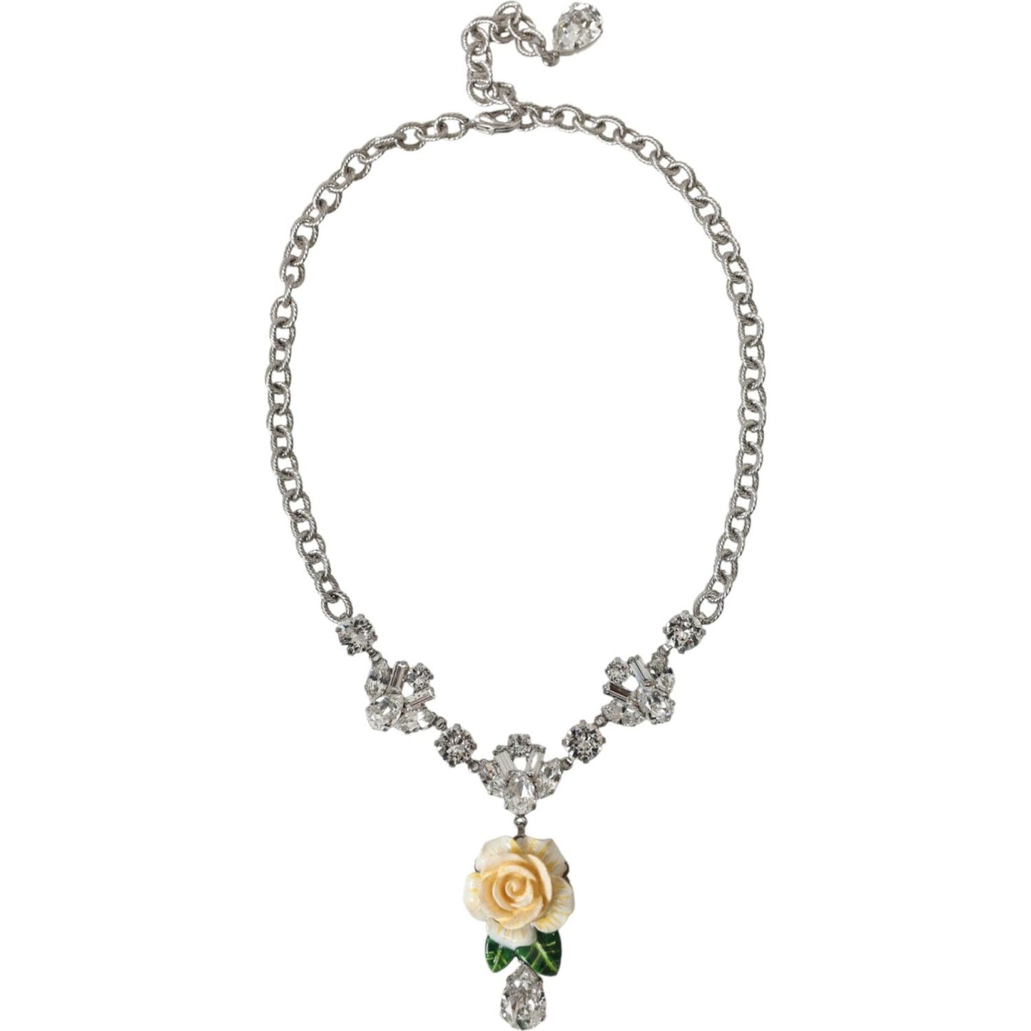 Dolce & Gabbana Silver Brass Clear Crystal Roses Pendants Necklace Necklace Dolce & Gabbana Dark Gray