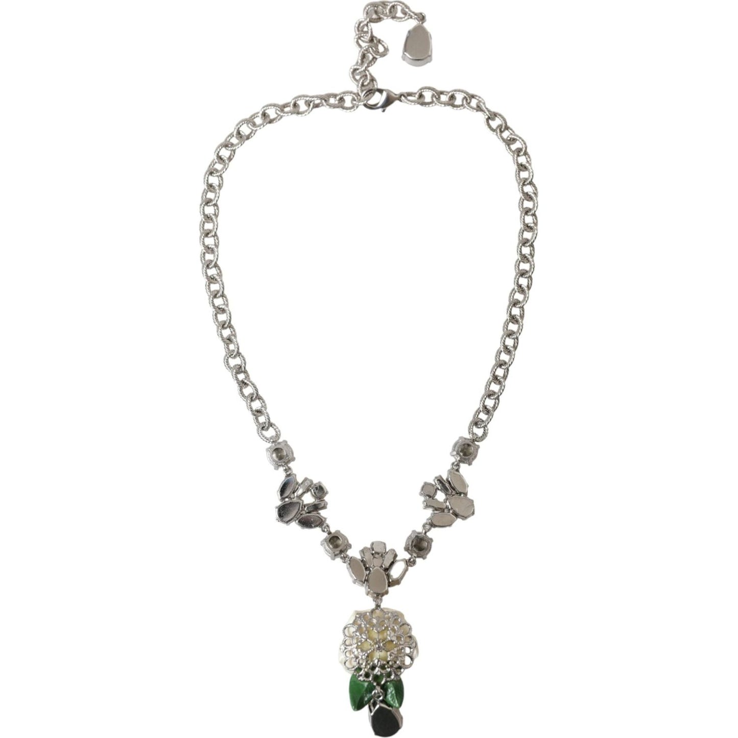 Dolce & Gabbana Silver Brass Clear Crystal Roses Pendants Necklace Necklace Dolce & Gabbana Dark Gray