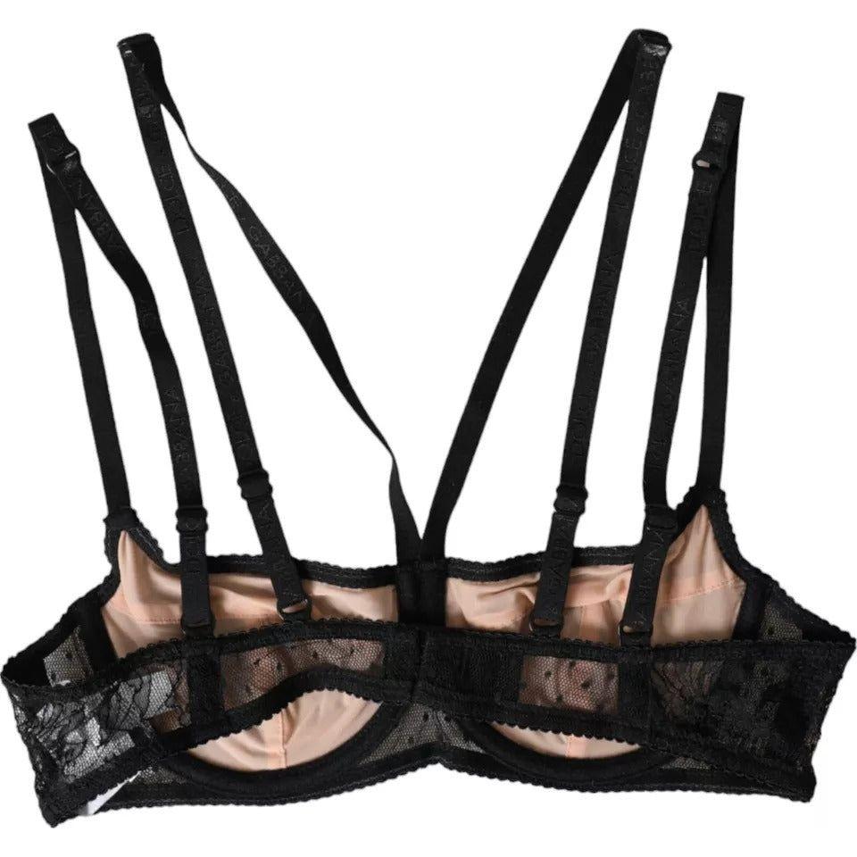 Dolce & Gabbana Black Floral Lace Nylon Balconcino Bra Underwear Dolce & Gabbana Black