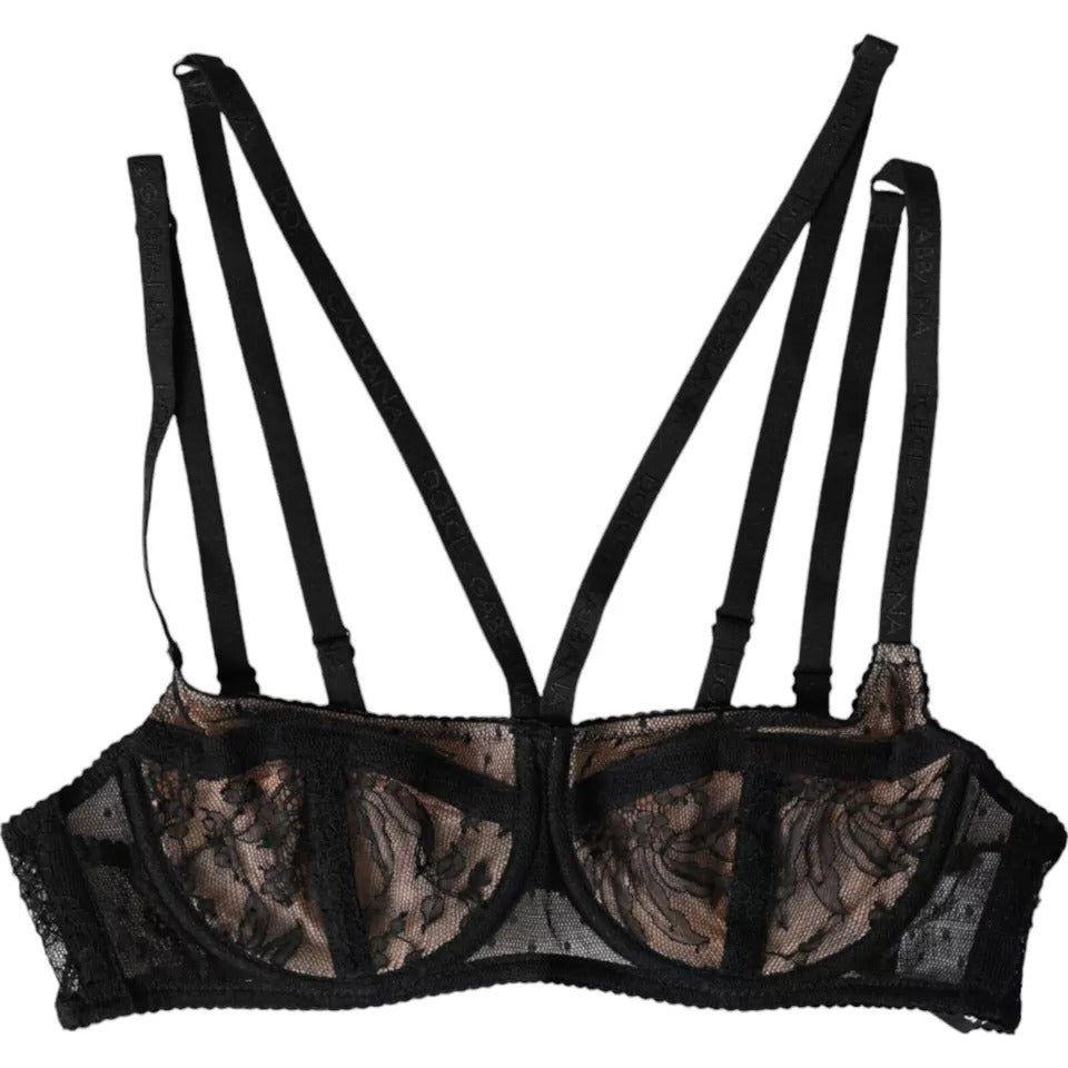 Dolce & Gabbana Black Floral Lace Nylon Balconcino Bra Underwear Dolce & Gabbana Black