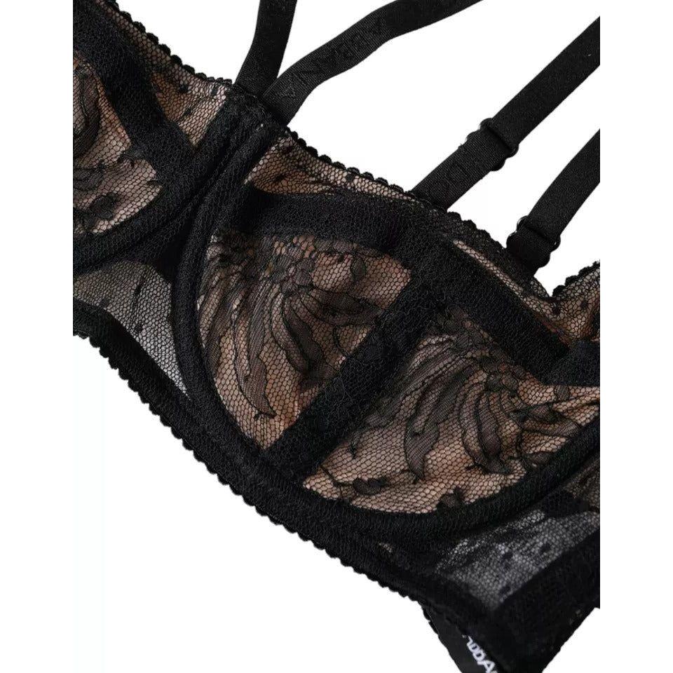 Dolce & Gabbana Black Floral Lace Nylon Balconcino Bra Underwear Dolce & Gabbana Black