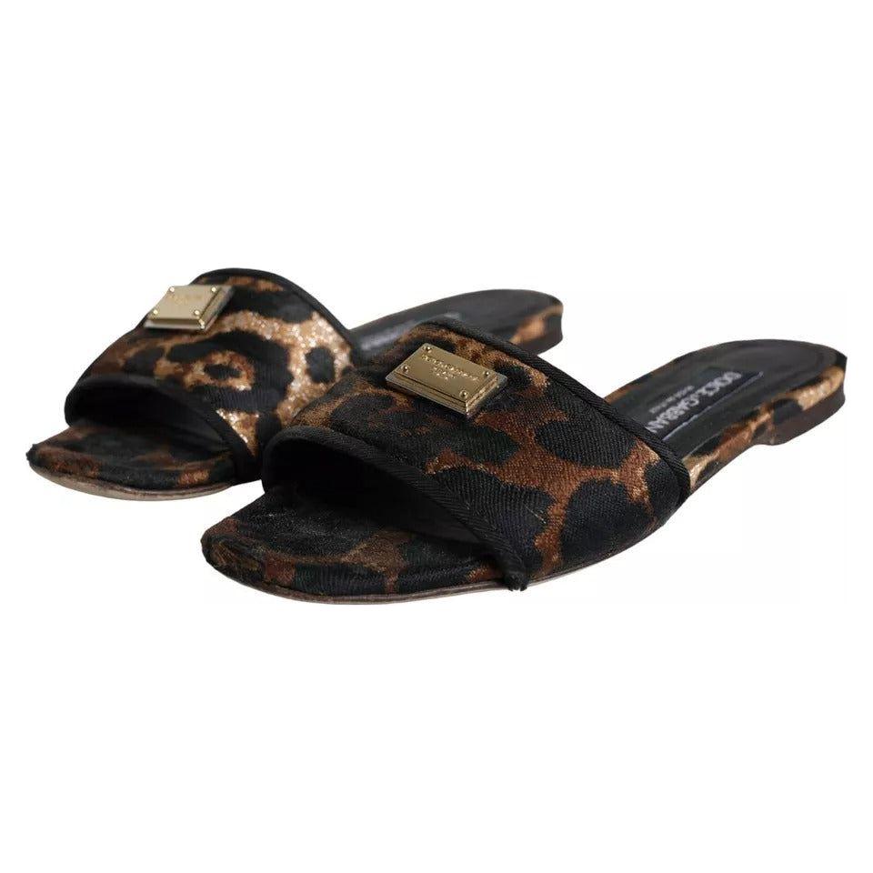 Dolce & Gabbana Brown Leopard Logo Slides Flats Sandals Shoes Dolce & Gabbana Dark Slate Gray