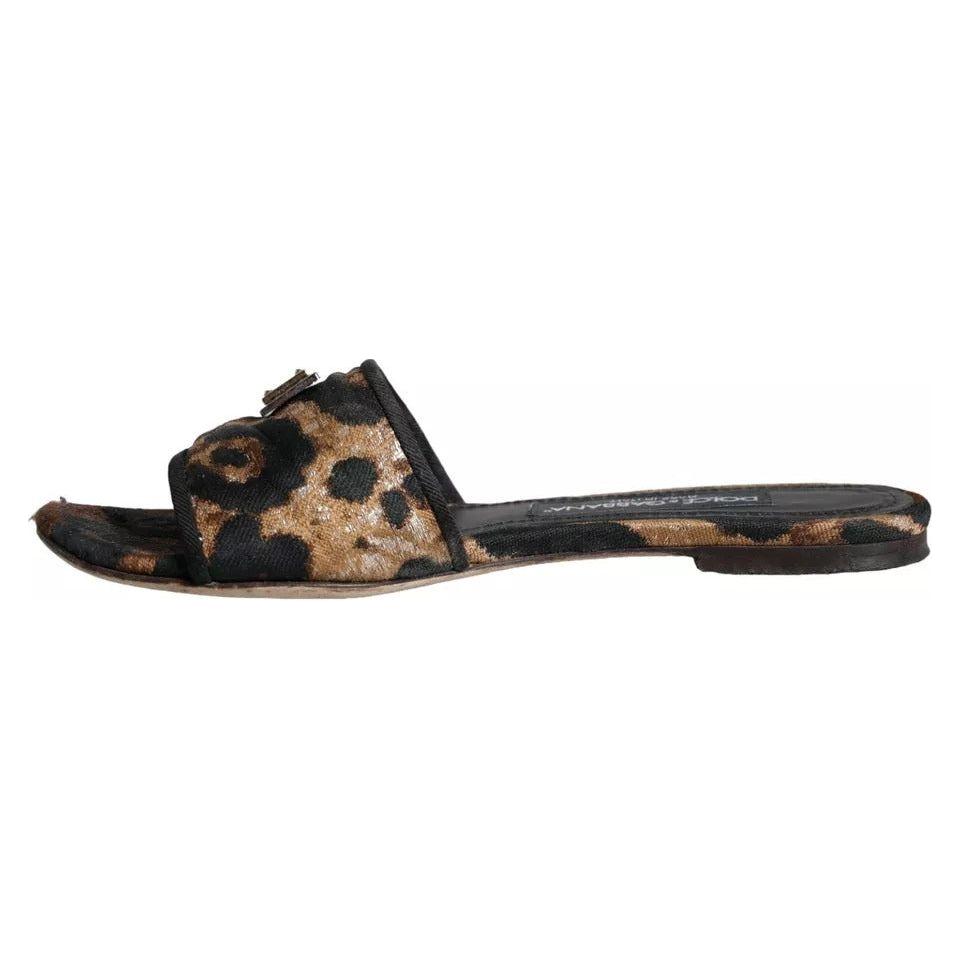Dolce & Gabbana Brown Leopard Logo Slides Flats Sandals Shoes Dolce & Gabbana Dark Slate Gray