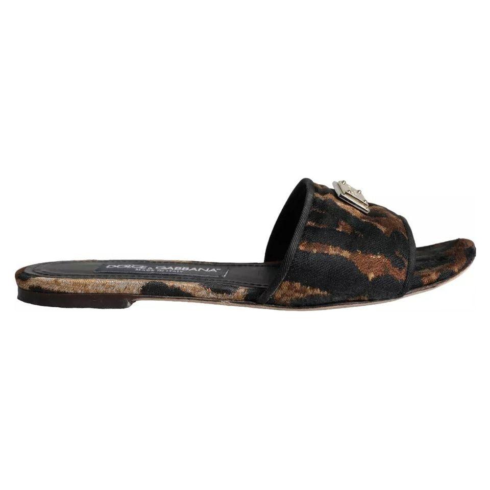 Dolce & Gabbana Brown Leopard Logo Slides Flats Sandals Shoes Dolce & Gabbana Dark Slate Gray