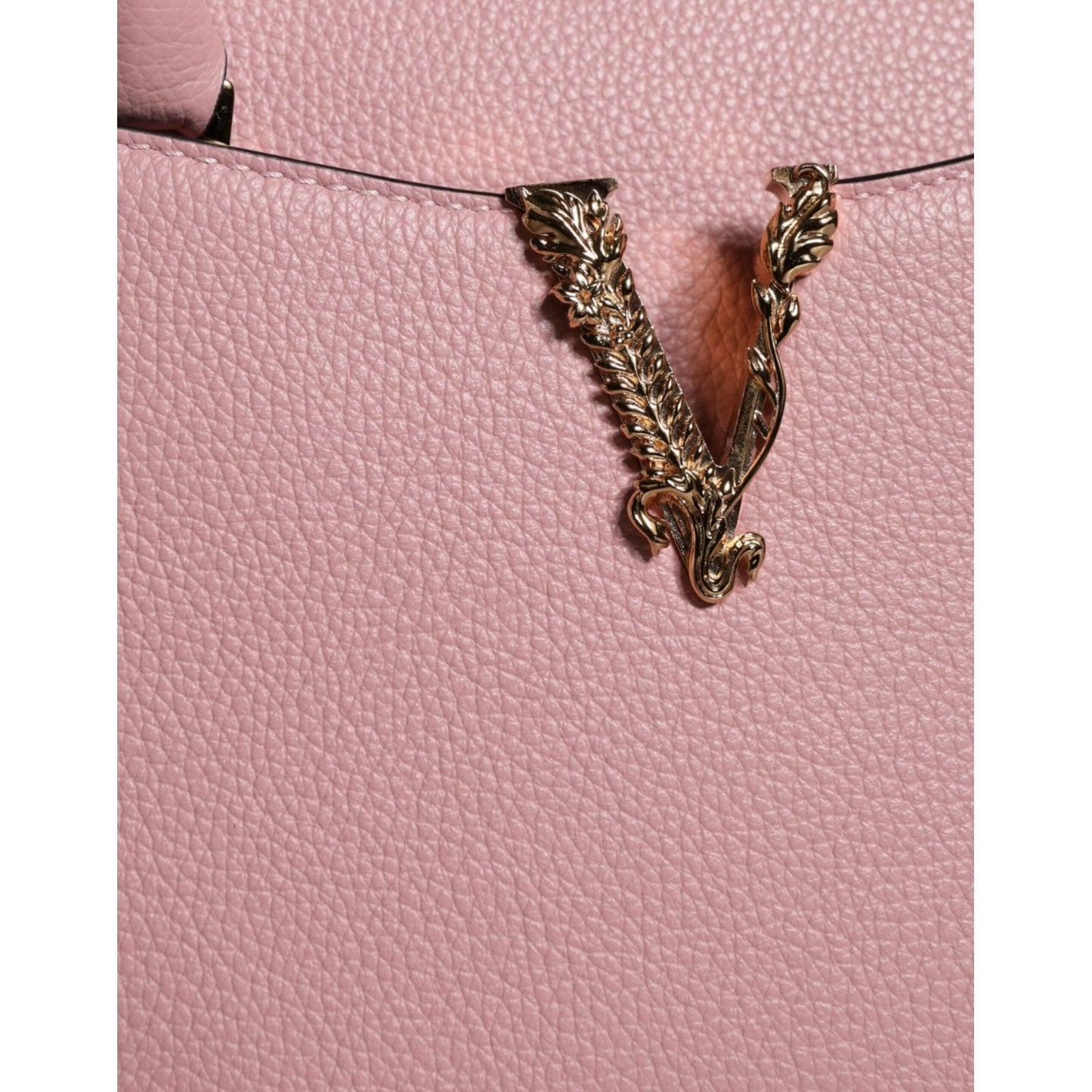 Versace Pink Small Top Handle Grainy Calf Leather Crossbody Bag Versace Rosy Brown