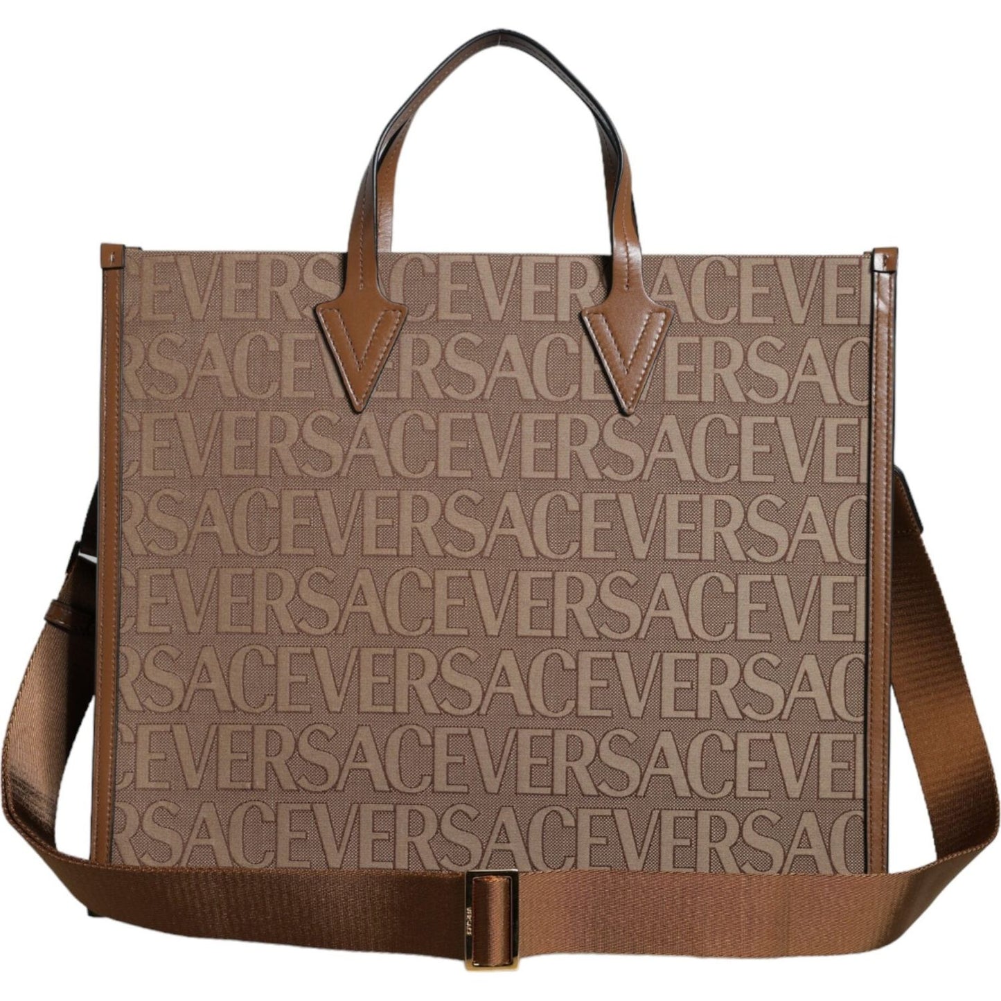 Versace Brown Top Handle Jacquard Leather Logo Crossbody Tote Bag Versace Dim Gray