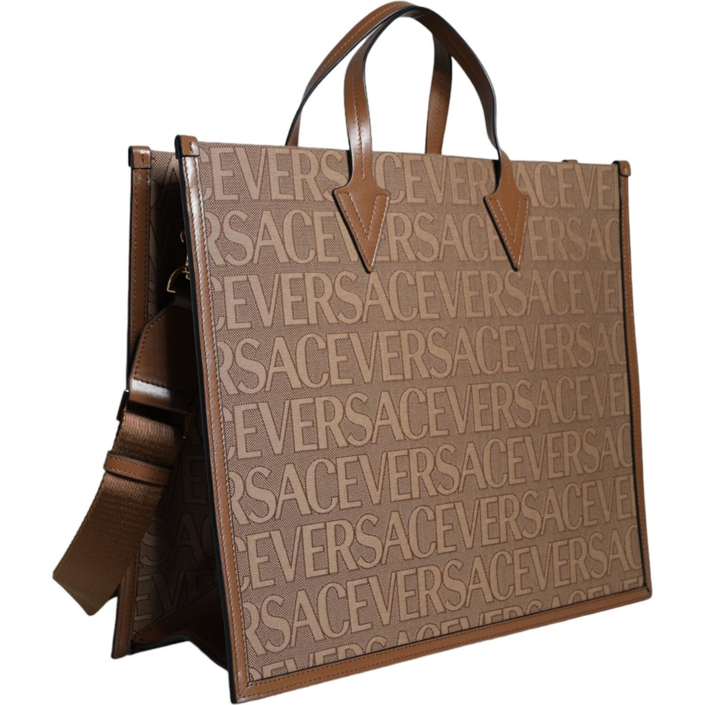 Versace Brown Top Handle Jacquard Leather Logo Crossbody Tote Bag Versace Dim Gray