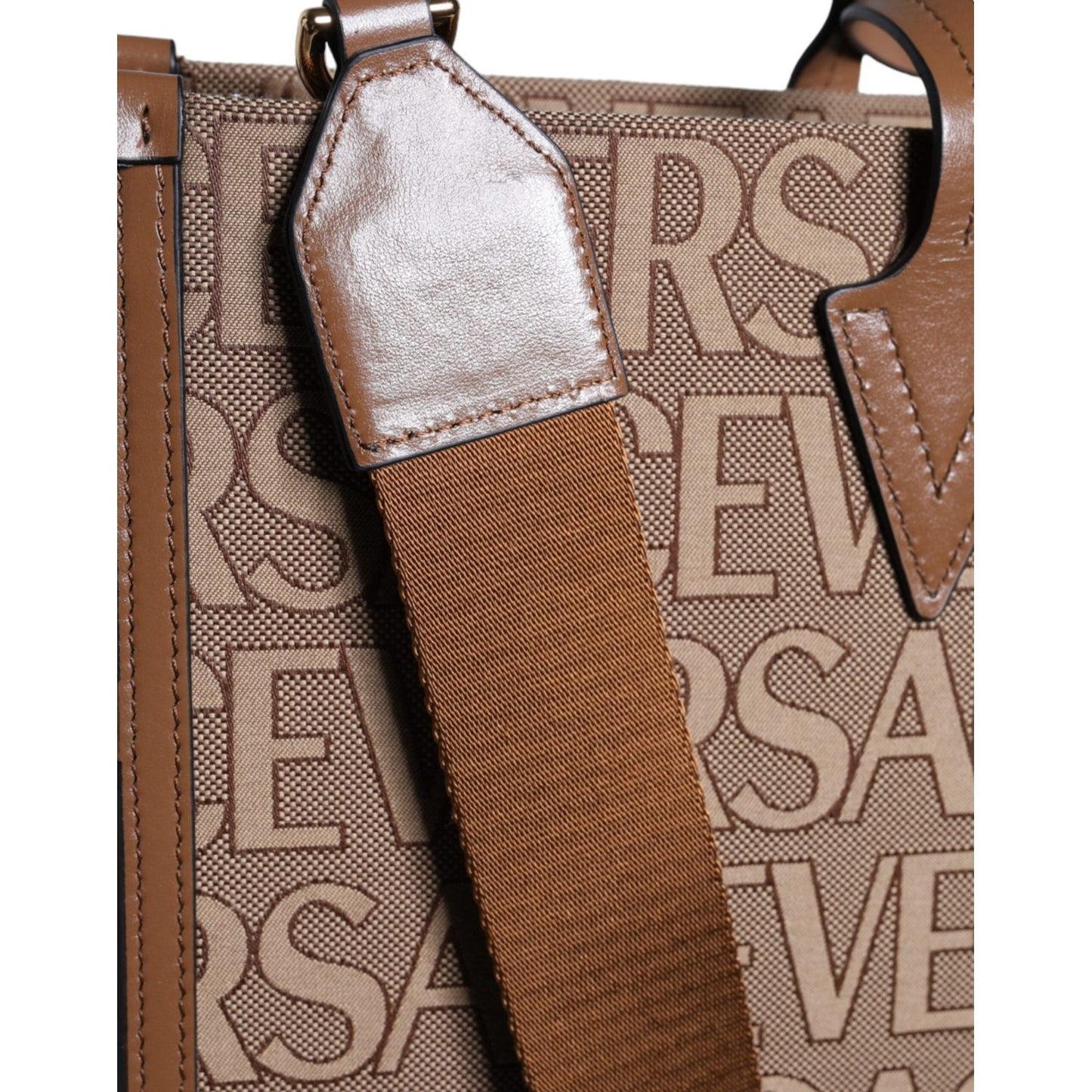 Versace Brown Top Handle Jacquard Leather Logo Crossbody Tote Bag Versace Dim Gray