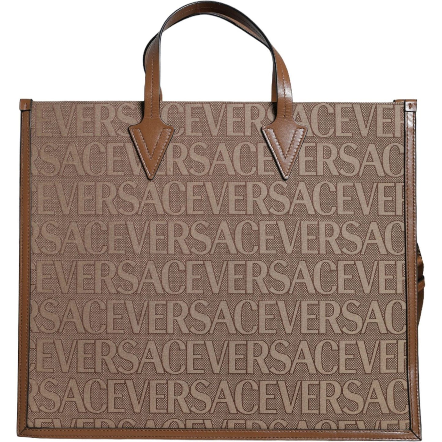 Versace Brown Top Handle Jacquard Leather Logo Crossbody Tote Bag Versace Dim Gray