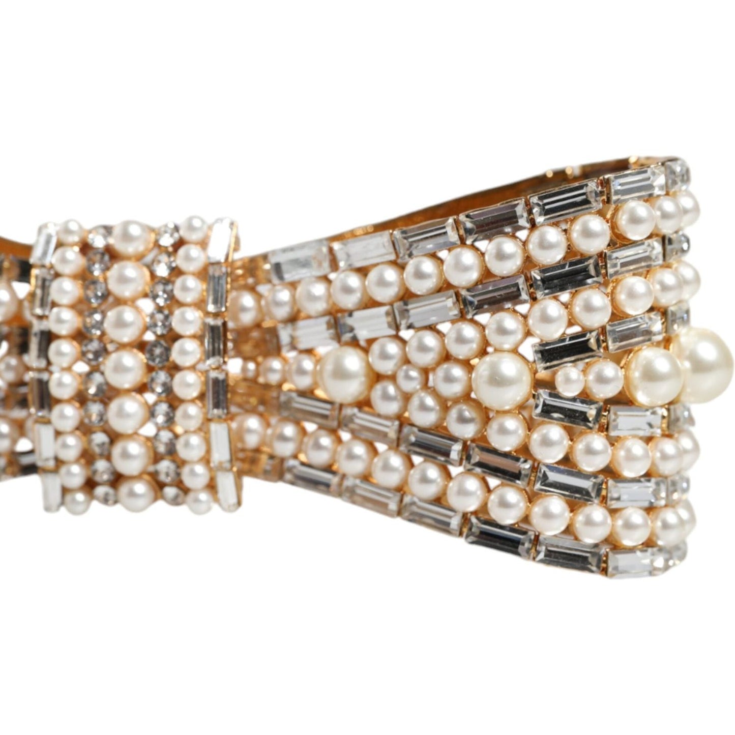 Dolce & Gabbana Gold Tone Brass Bow Crystal FauxPearl Embellished Brooch Brooch Dolce & Gabbana Gray