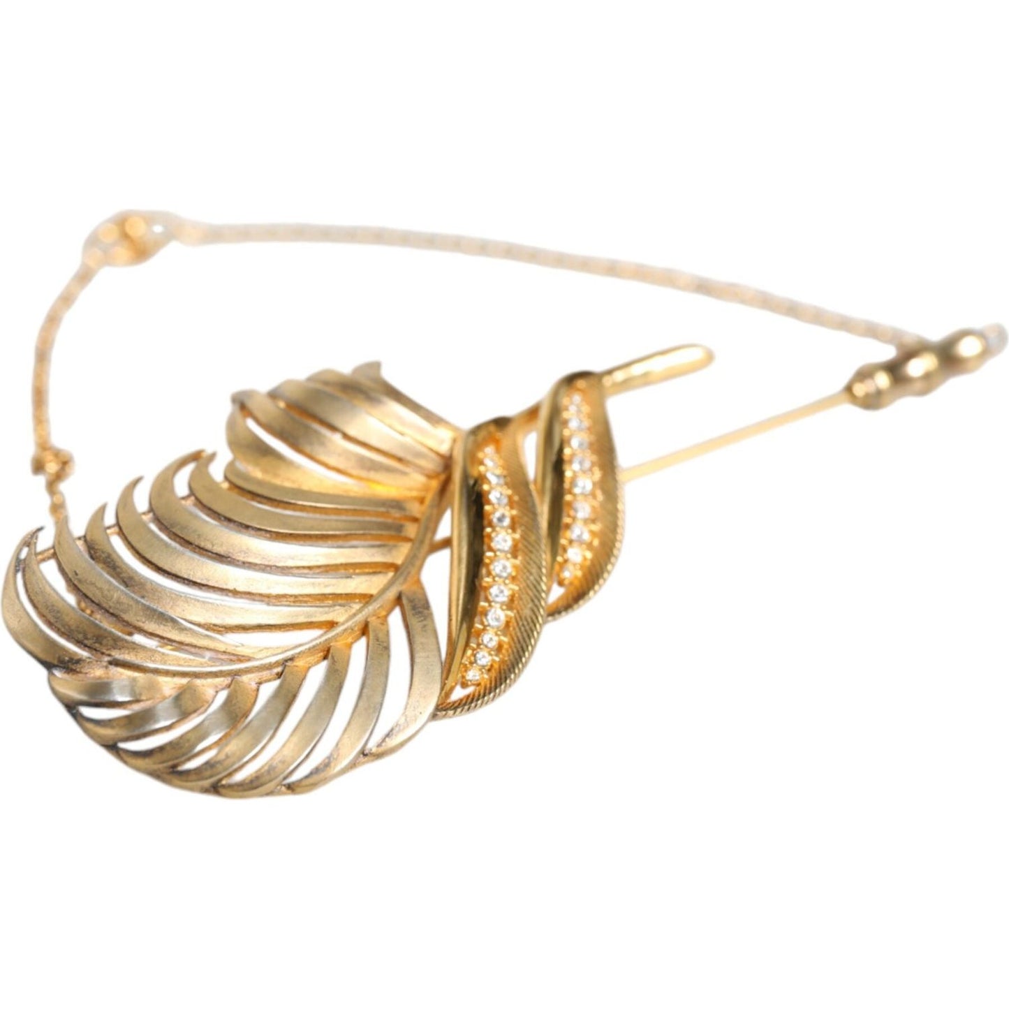 Dolce & Gabbana Gold Tone 925 Sterling Silver Leaf Crystal Chain Brooch Brooch Dolce & Gabbana Tan
