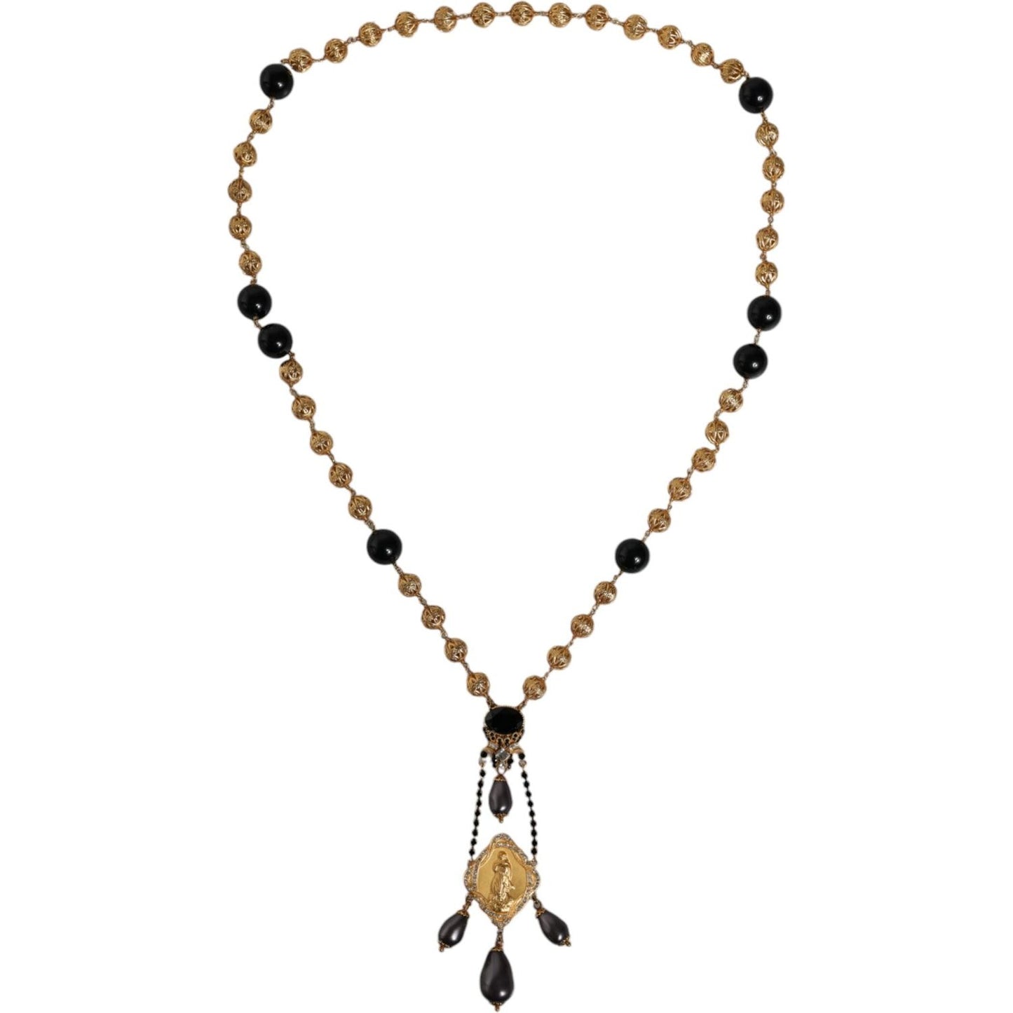 Dolce & Gabbana Gold Chain Brass Black Beaded Rosary Style Necklace Necklace Dolce & Gabbana Dim Gray