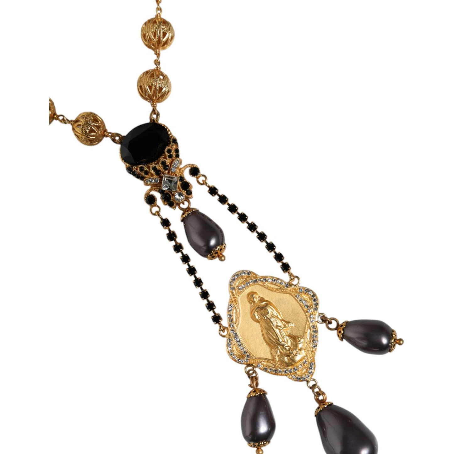 Dolce & Gabbana Gold Chain Brass Black Beaded Rosary Style Necklace Necklace Dolce & Gabbana Dark Khaki
