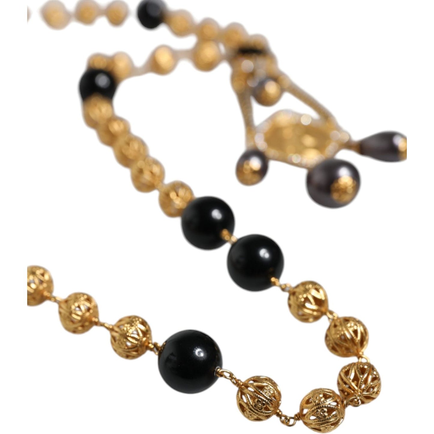 Dolce & Gabbana Gold Chain Brass Black Beaded Rosary Style Necklace Necklace Dolce & Gabbana Dark Khaki