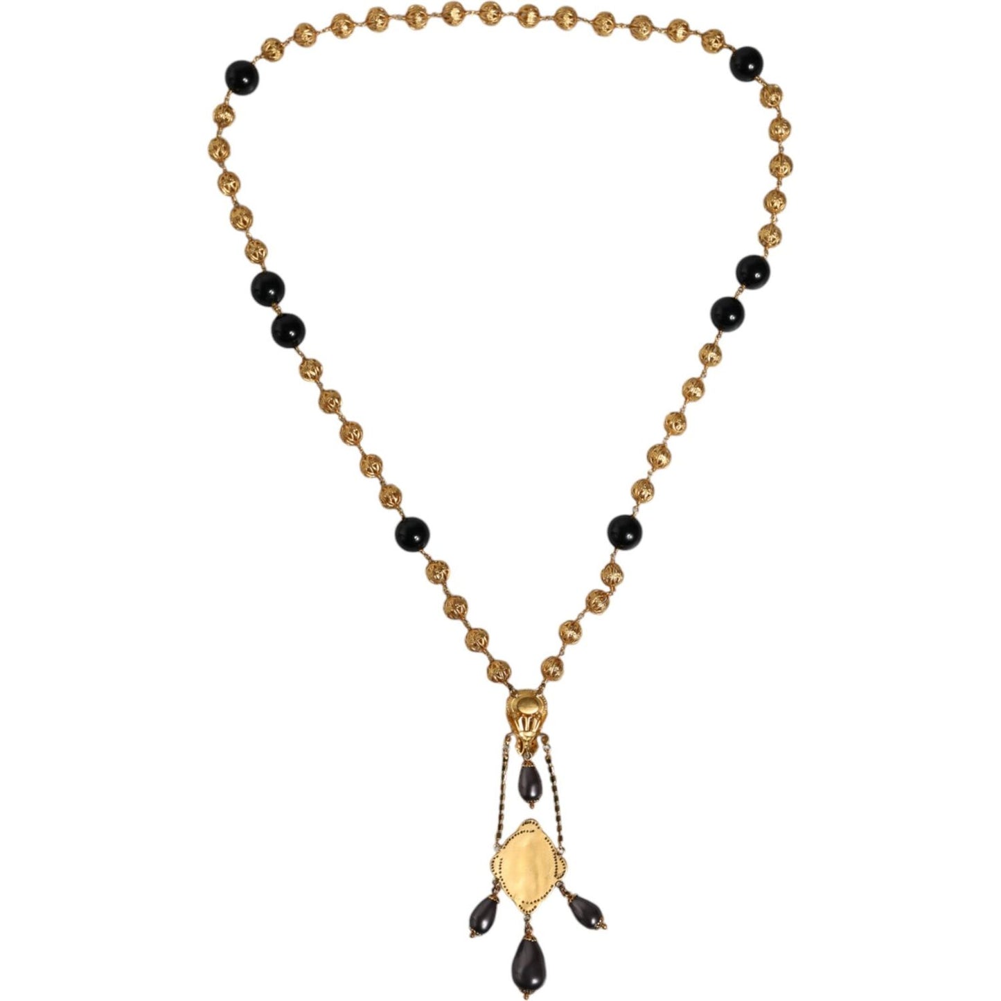 Dolce & Gabbana Gold Chain Brass Black Beaded Rosary Style Necklace Necklace Dolce & Gabbana Rosy Brown