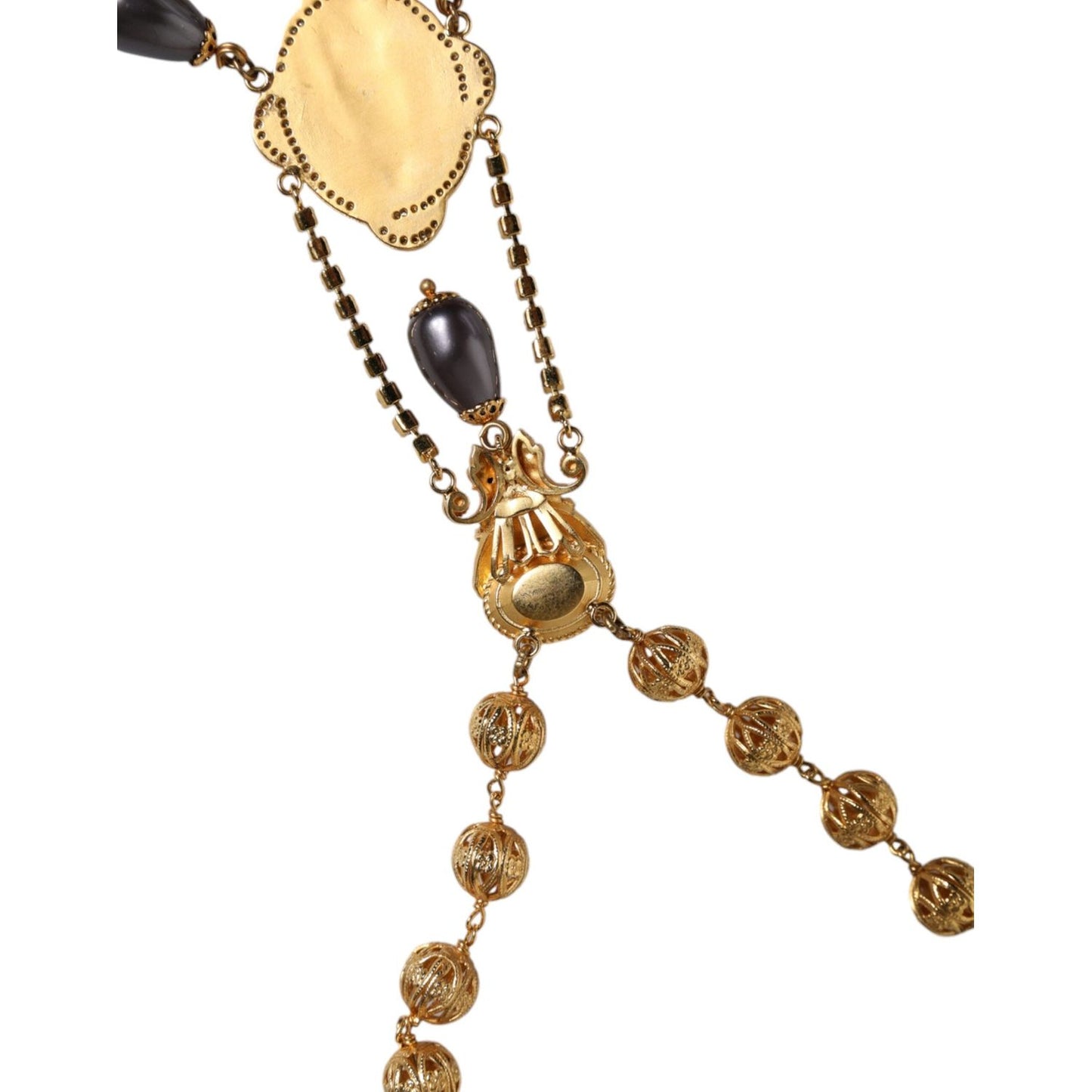 Dolce & Gabbana Gold Chain Brass Black Beaded Rosary Style Necklace Necklace Dolce & Gabbana Tan