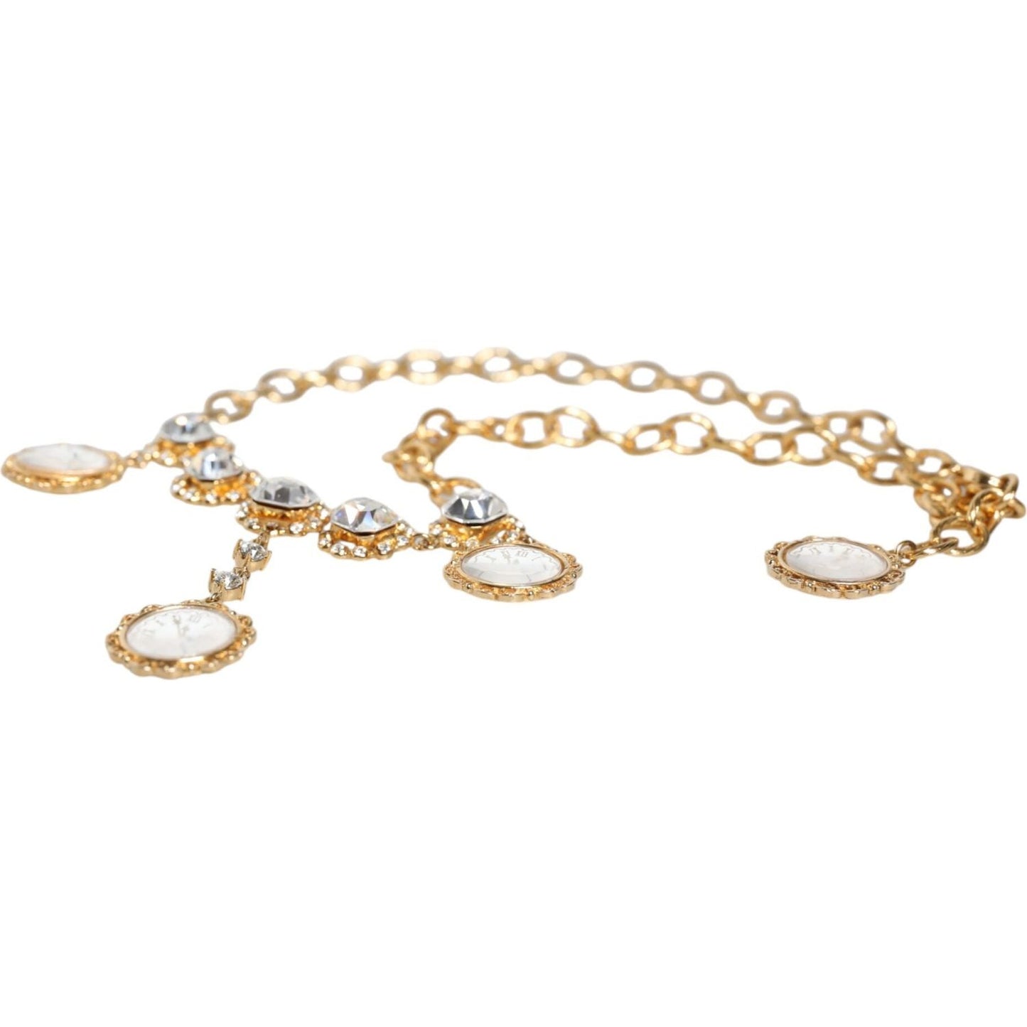 Dolce & Gabbana Gold Chain Brass Crystal Clock Statement Necklace Necklace Dolce & Gabbana Light Gray