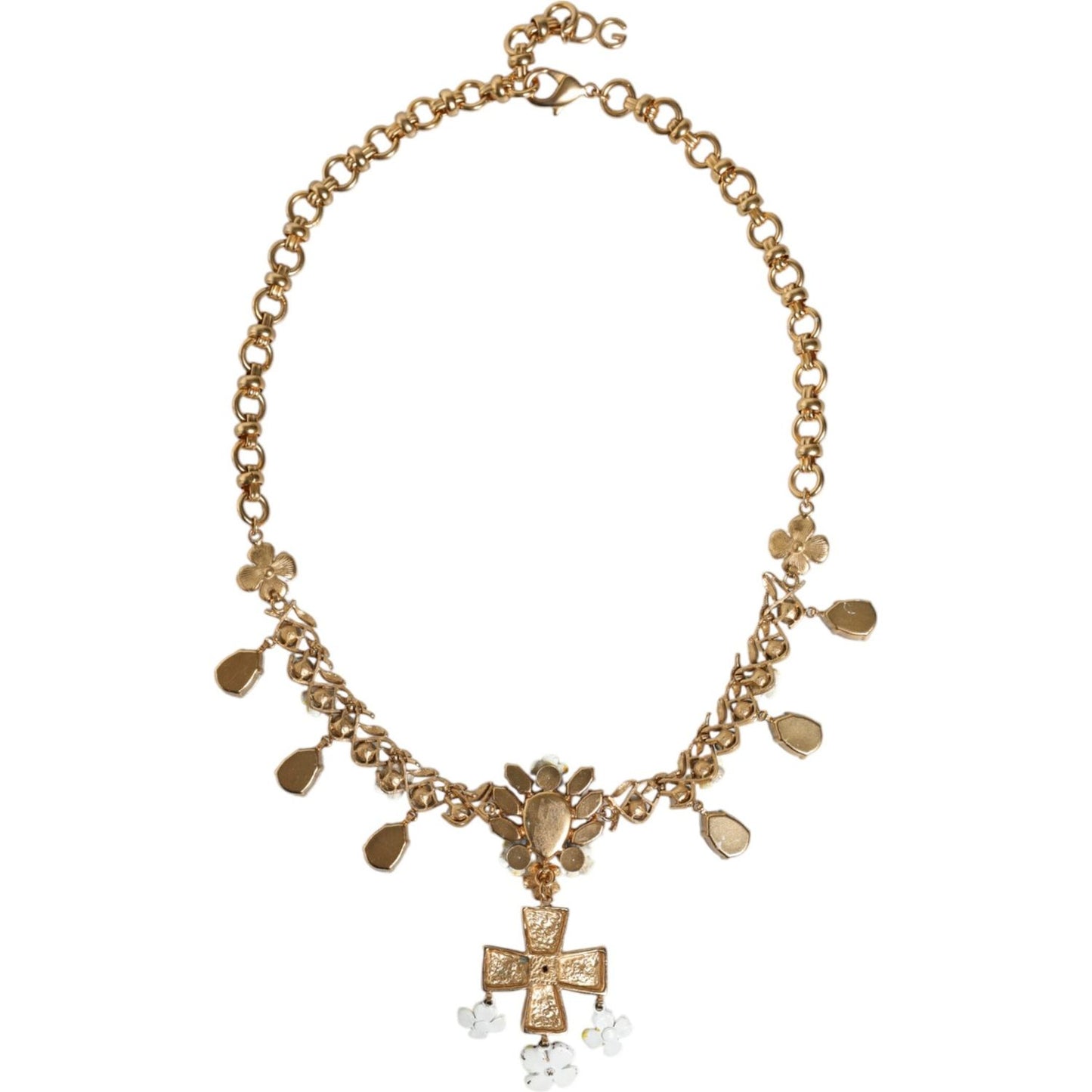 Dolce & Gabbana Gold Brass Chain Floral Crystal Cross Pendant Necklace Necklace Dolce & Gabbana Rosy Brown