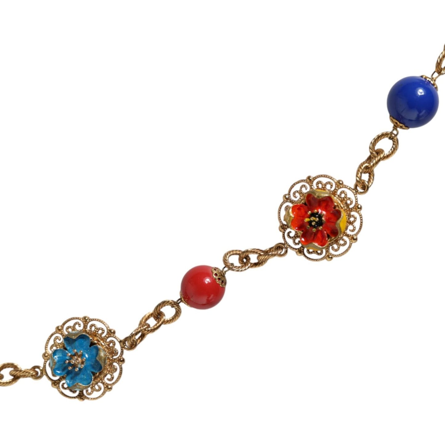 Dolce & Gabbana Gold Tone Brass Chain Floral Crystal Beaded Necklace Necklace Dolce & Gabbana Sienna