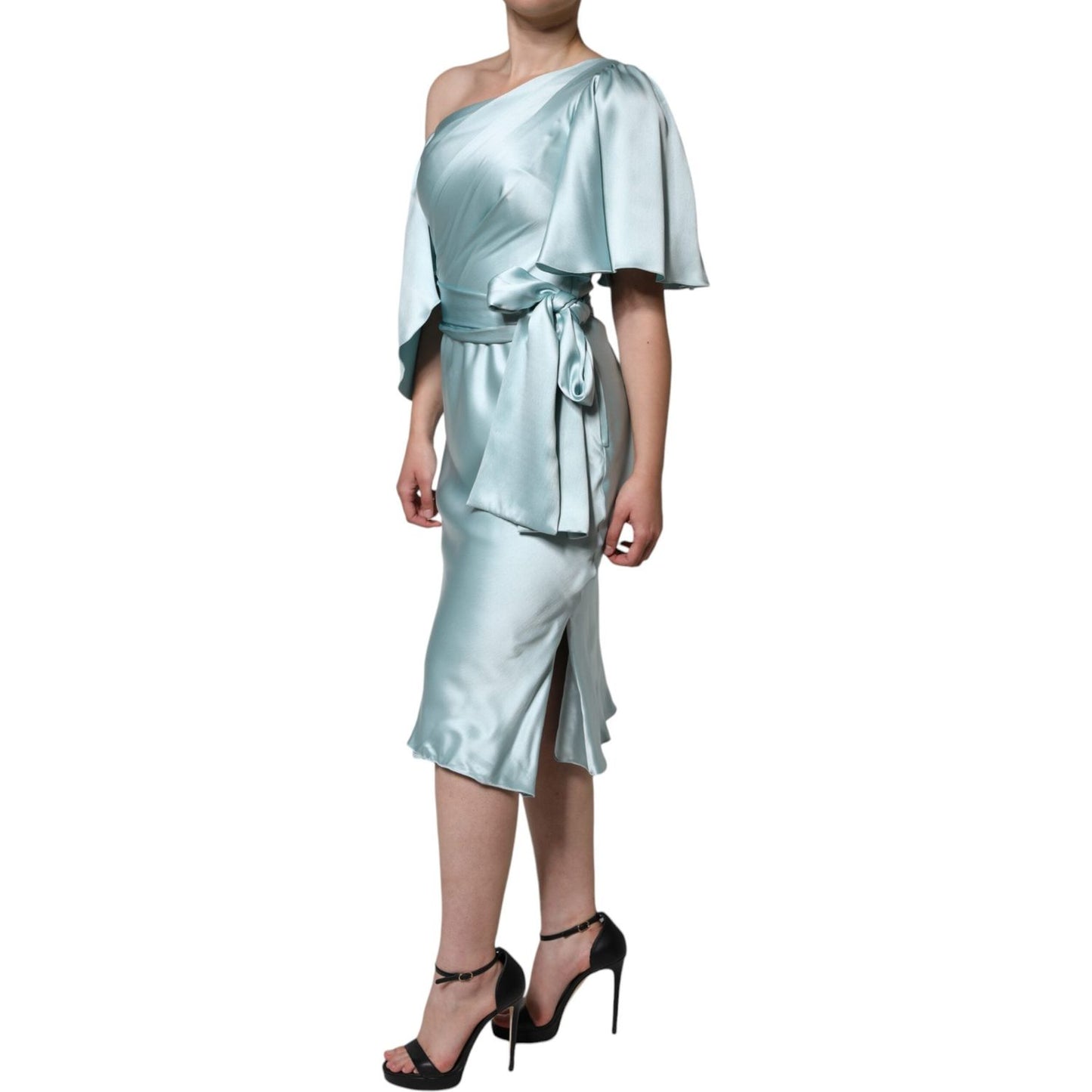 Dolce & Gabbana Mint Green Silk Fit Cut One Shoulder Dress Dolce & Gabbana Gray