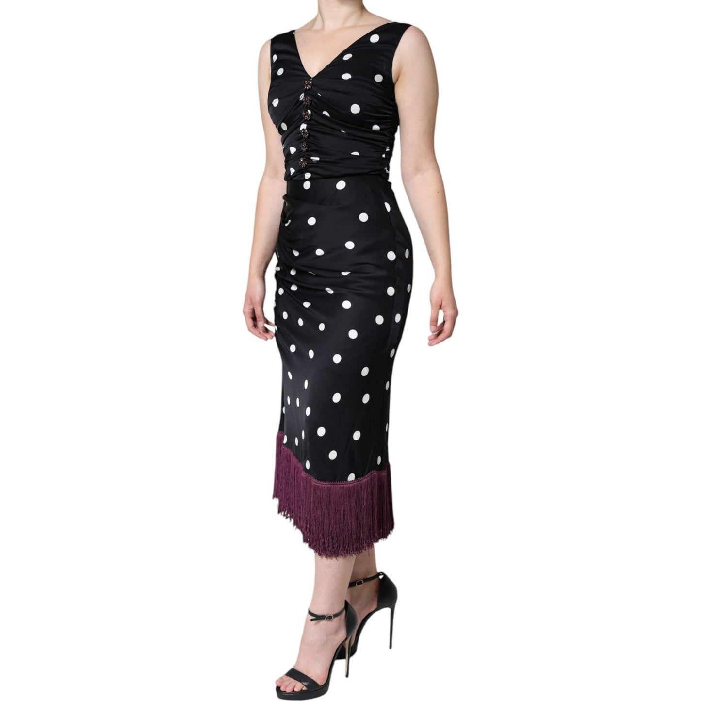 Dolce & Gabbana Black Silk Polka Dot V-neck Tassel Midi Dress Dolce & Gabbana Gray