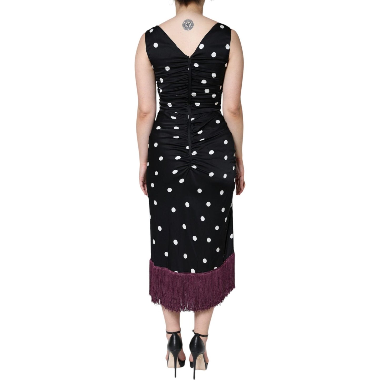 Dolce & Gabbana Black Silk Polka Dot V-neck Tassel Midi Dress Dolce & Gabbana Gray