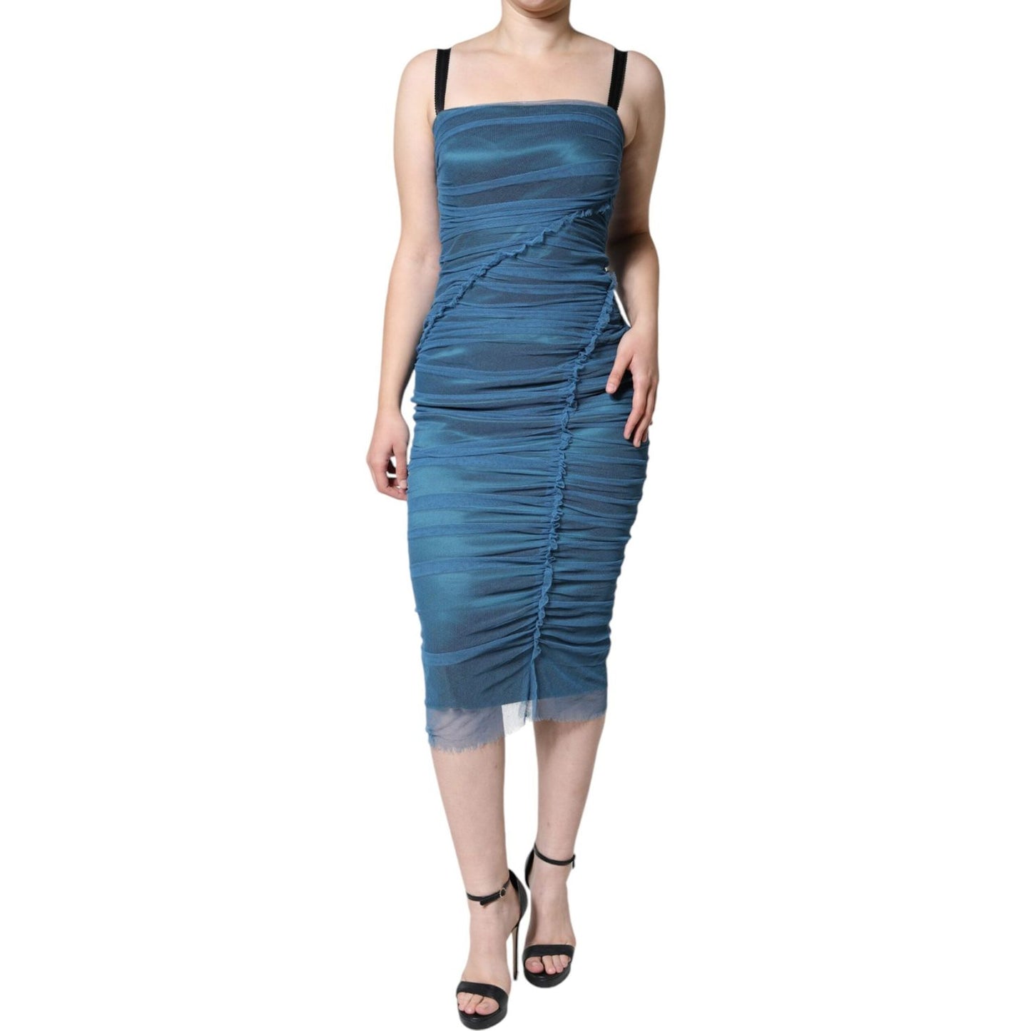 Dolce & Gabbana Blue Mesh Trim Ruched Tulle Sheath Dress Dolce & Gabbana Dim Gray