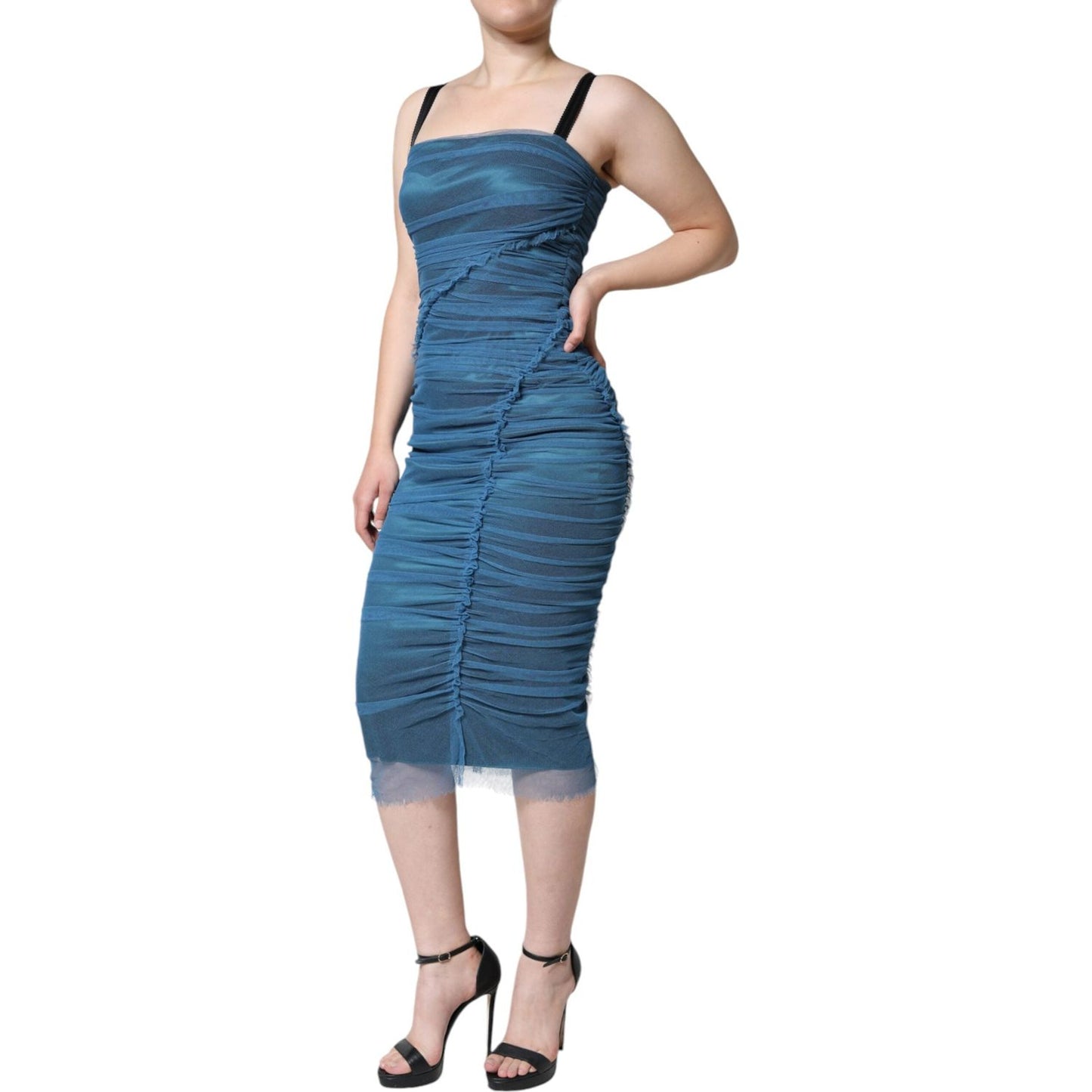 Dolce & Gabbana Blue Mesh Trim Ruched Tulle Sheath Dress Dolce & Gabbana Dark Slate Blue