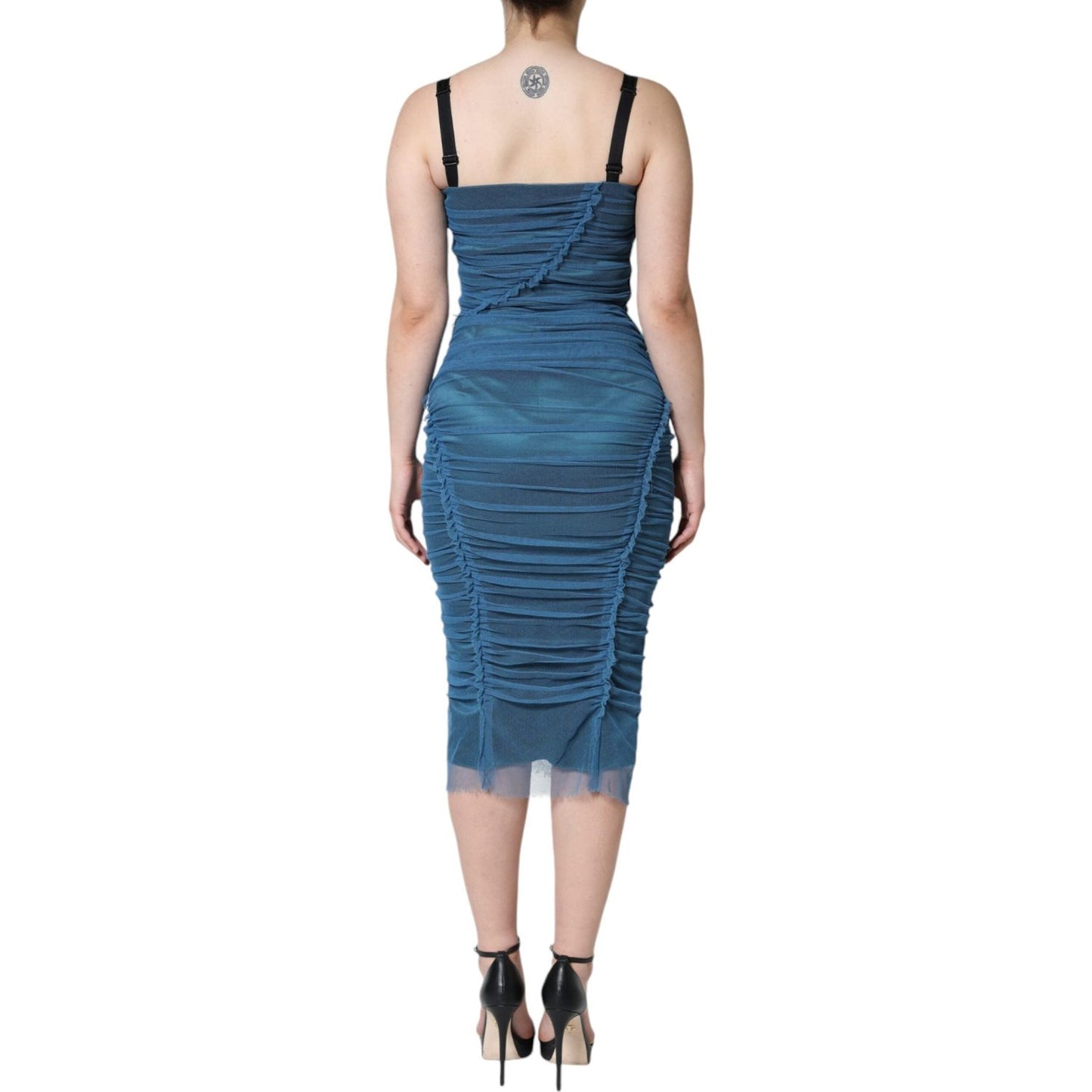 Dolce & Gabbana Blue Mesh Trim Ruched Tulle Sheath Dress Dolce & Gabbana Gray