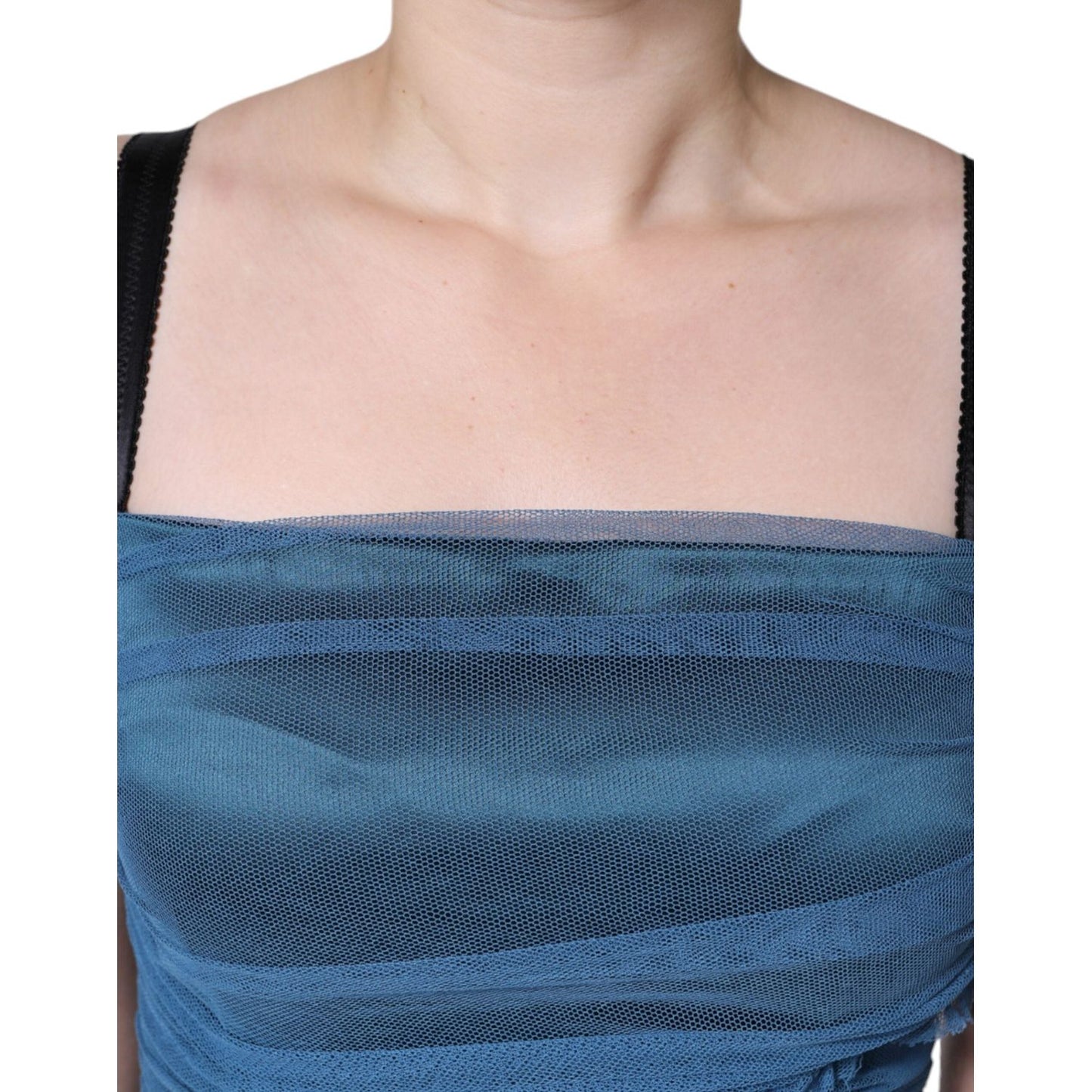 Dolce & Gabbana Blue Mesh Trim Ruched Tulle Sheath Dress Dolce & Gabbana Dark Slate Blue