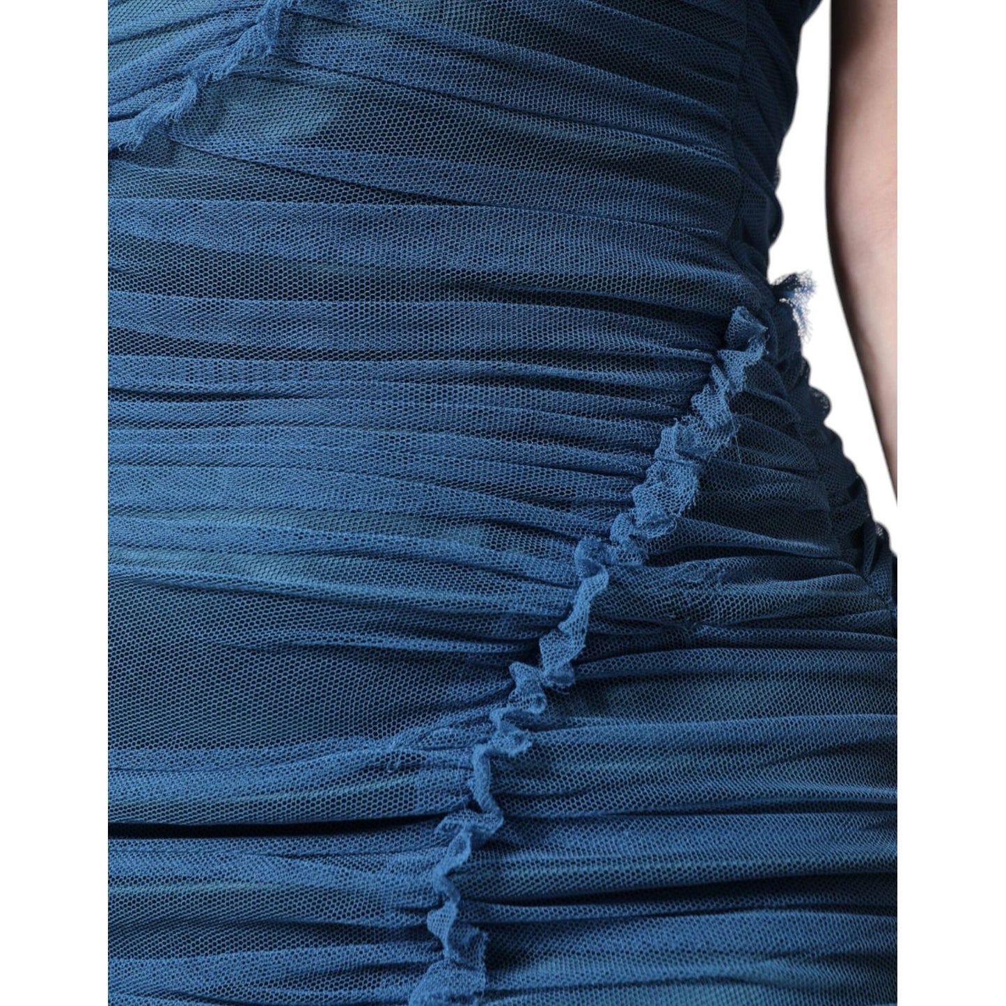 Dolce & Gabbana Blue Mesh Trim Ruched Tulle Sheath Dress Dolce & Gabbana Dark Slate Gray