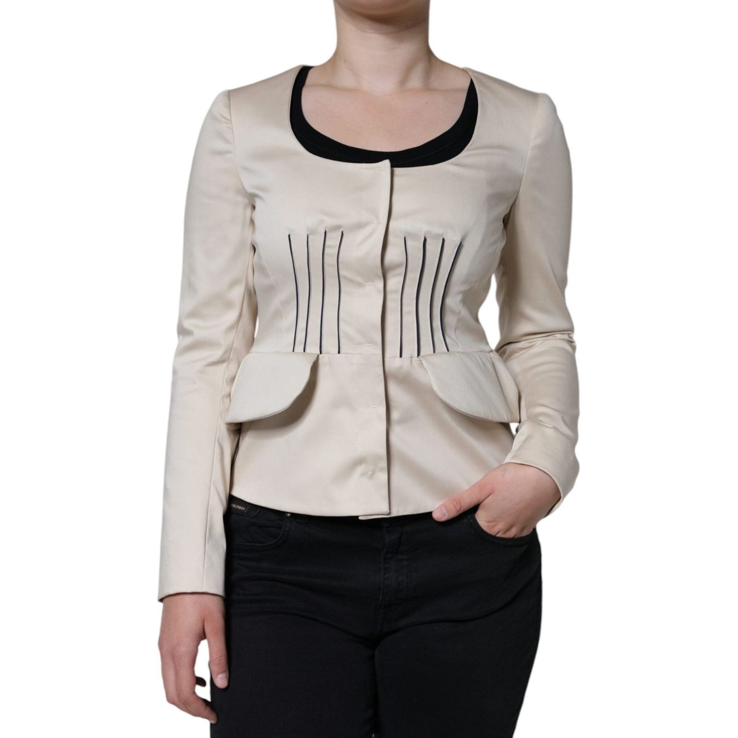 Valentino Beige Cotton Long Sleeves Round Neck Blazer Jacket Valentino Gray