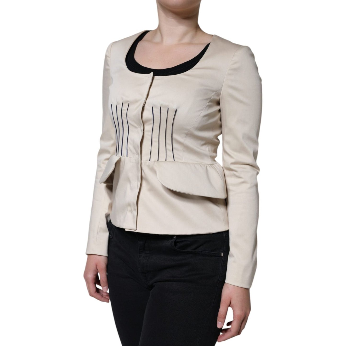 Valentino Beige Cotton Long Sleeves Round Neck Blazer Jacket Valentino Gray