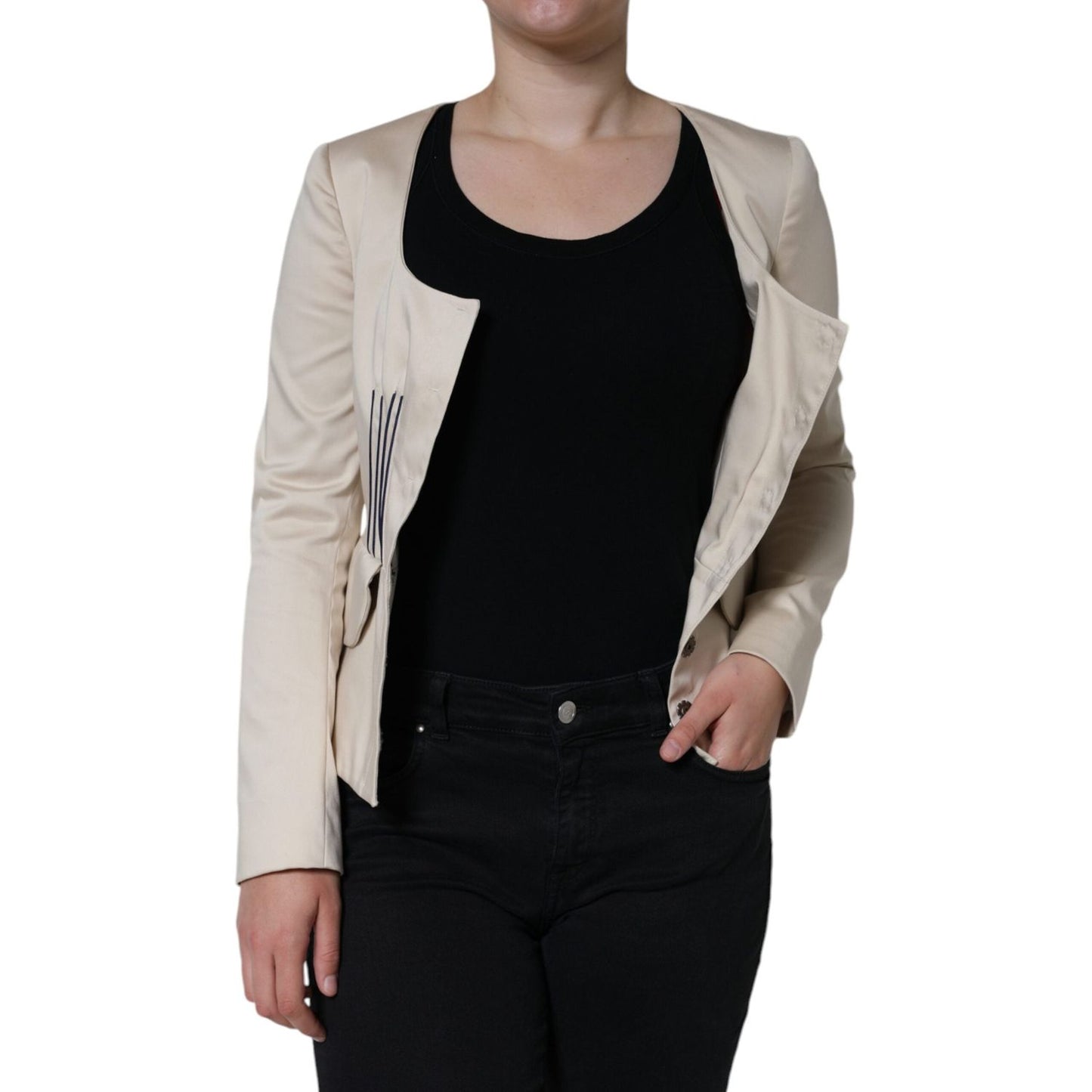 Valentino Beige Cotton Long Sleeves Round Neck Blazer Jacket Valentino Dark Gray