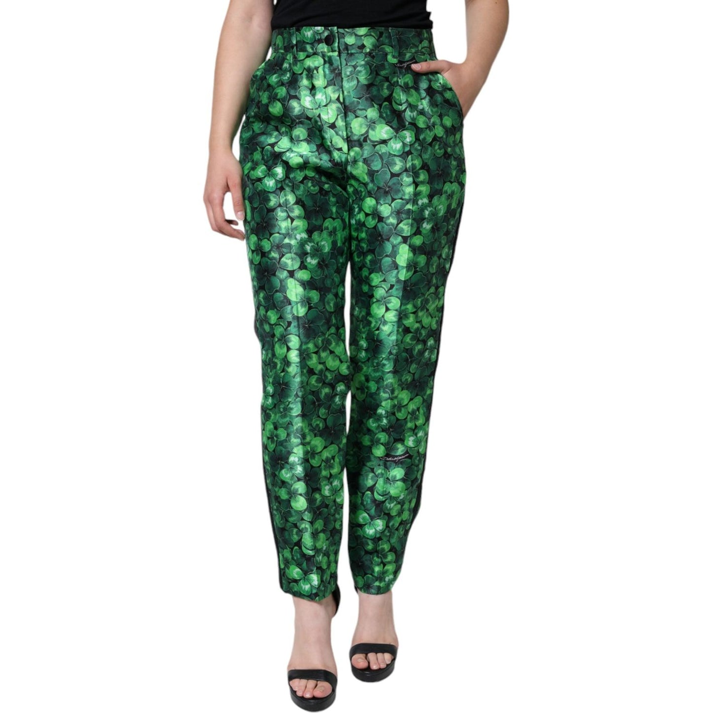 Dolce & Gabbana Green Clover Silk Satin High Waist Tapered Pants Dolce & Gabbana Dark Slate Gray
