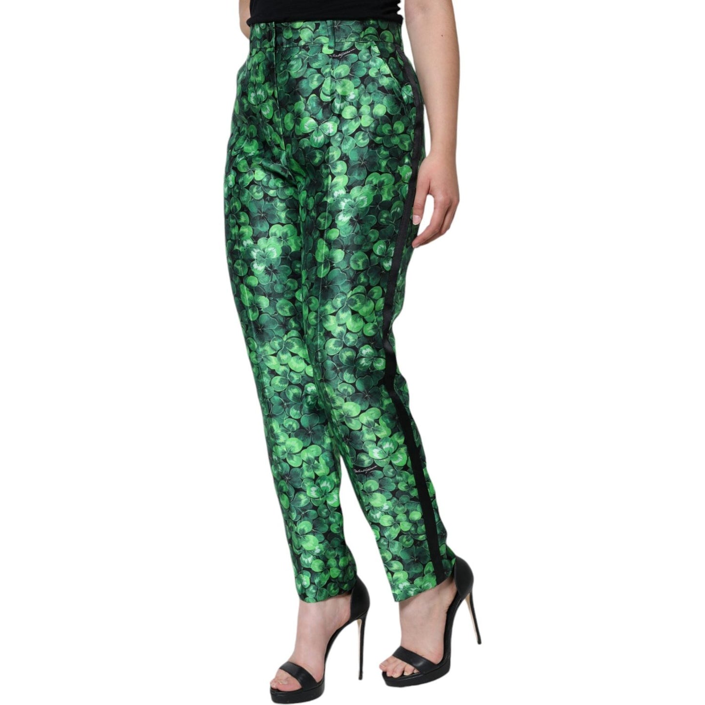 Dolce & Gabbana Green Clover Silk Satin High Waist Tapered Pants Dolce & Gabbana Dark Slate Gray
