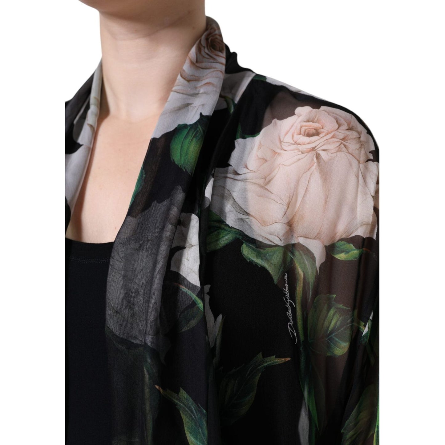 Dolce & Gabbana Black Floral Print Silk Cardigan Blouse Top Dolce & Gabbana Gray