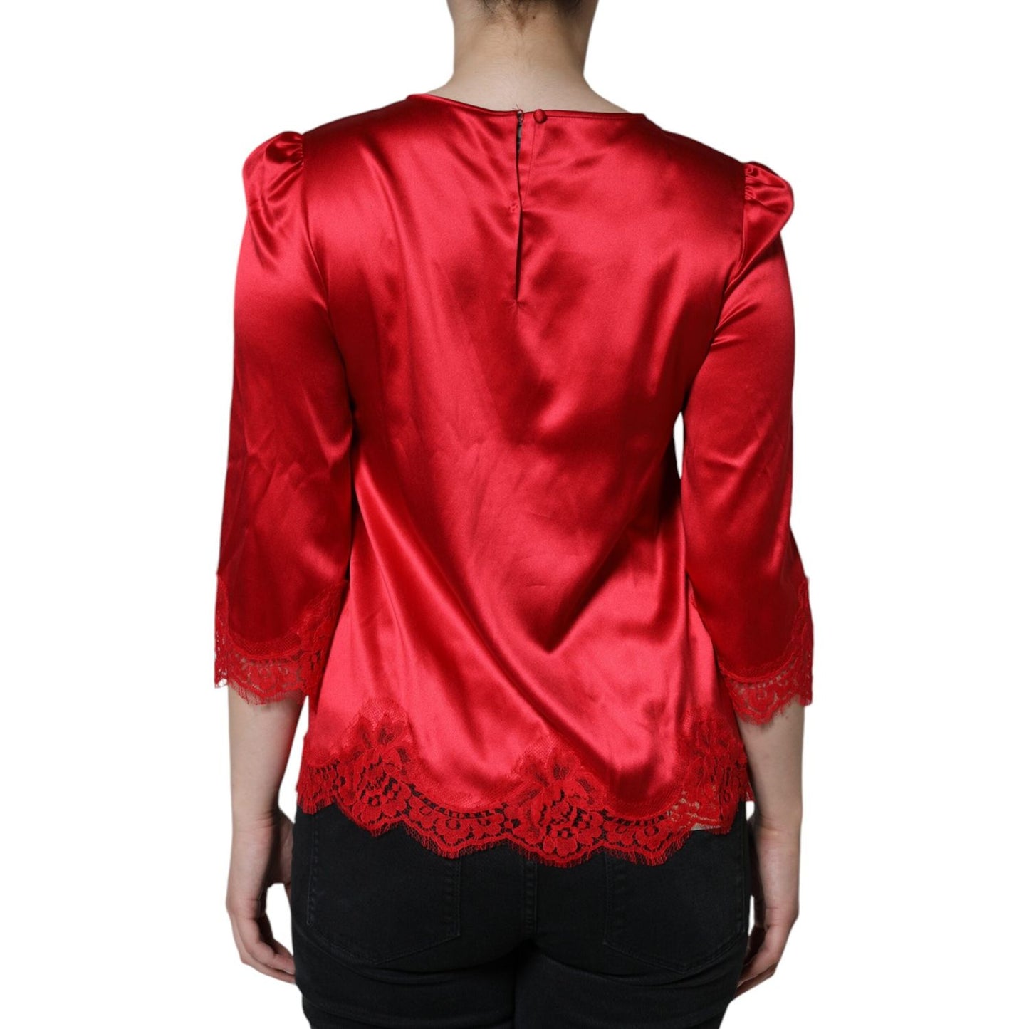 Dolce & Gabbana Red Satin Lace Trim Round Neck Blouse Top Dolce & Gabbana Firebrick