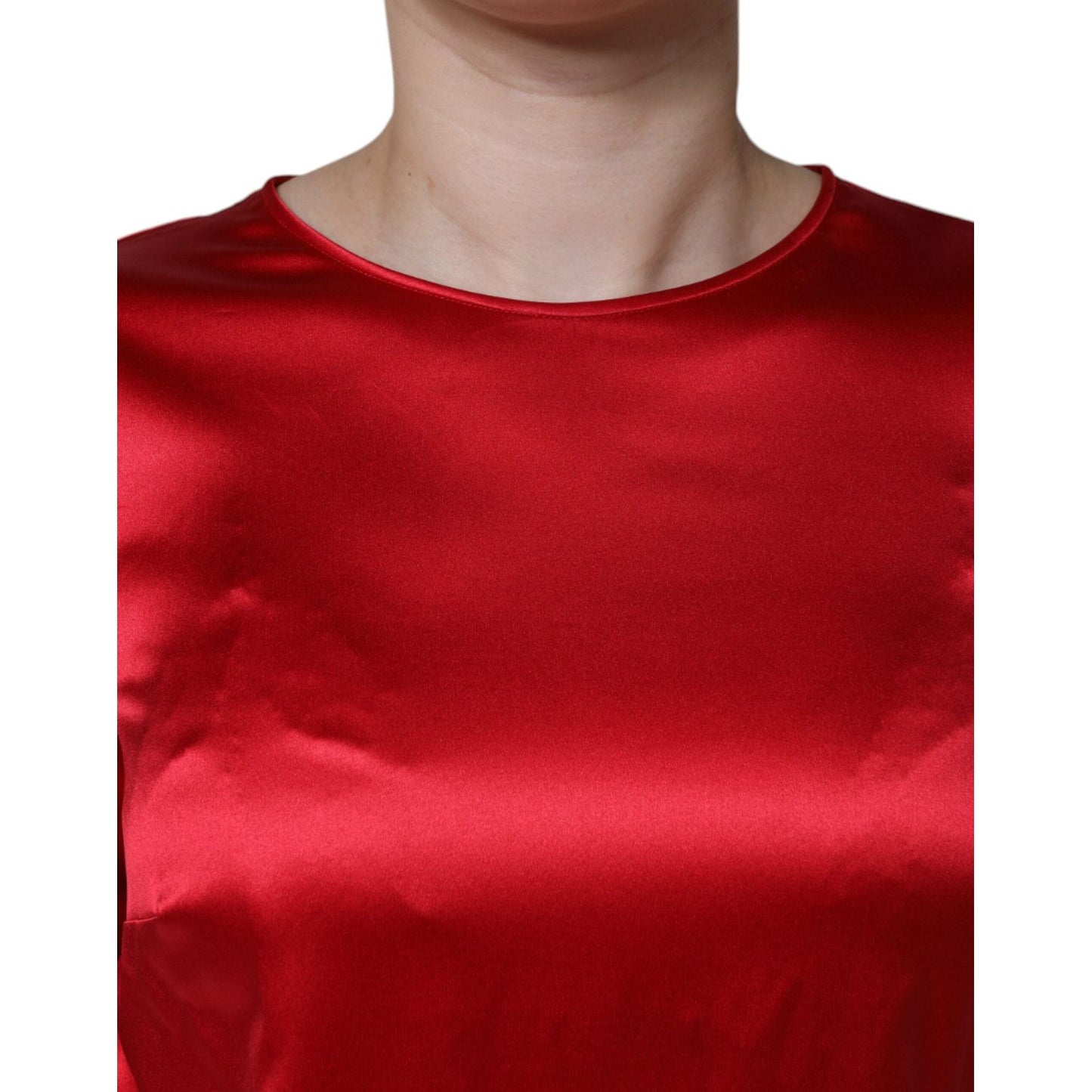 Dolce & Gabbana Red Satin Lace Trim Round Neck Blouse Top Dolce & Gabbana Dark Red