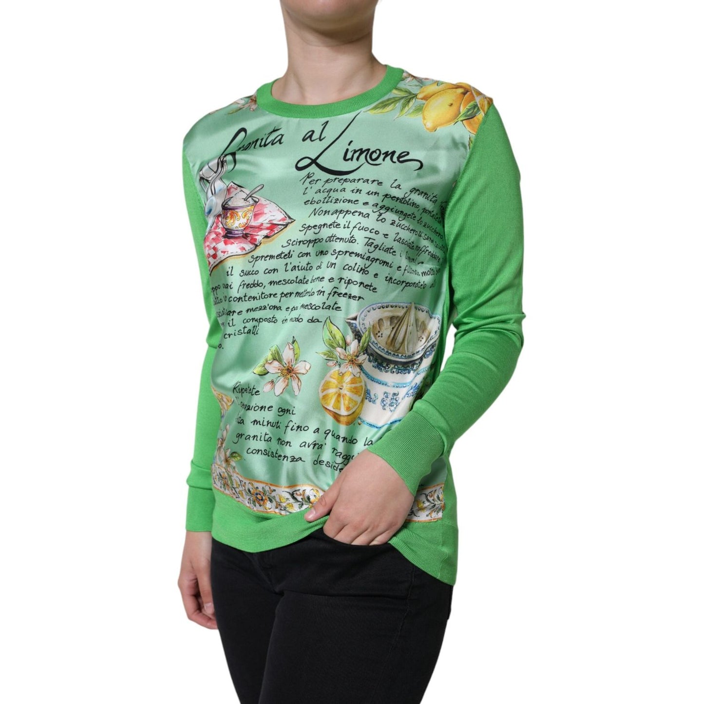 Dolce & Gabbana Green Silk Granita Al Limone Long Sleeves Sweater Dolce & Gabbana Slate Gray