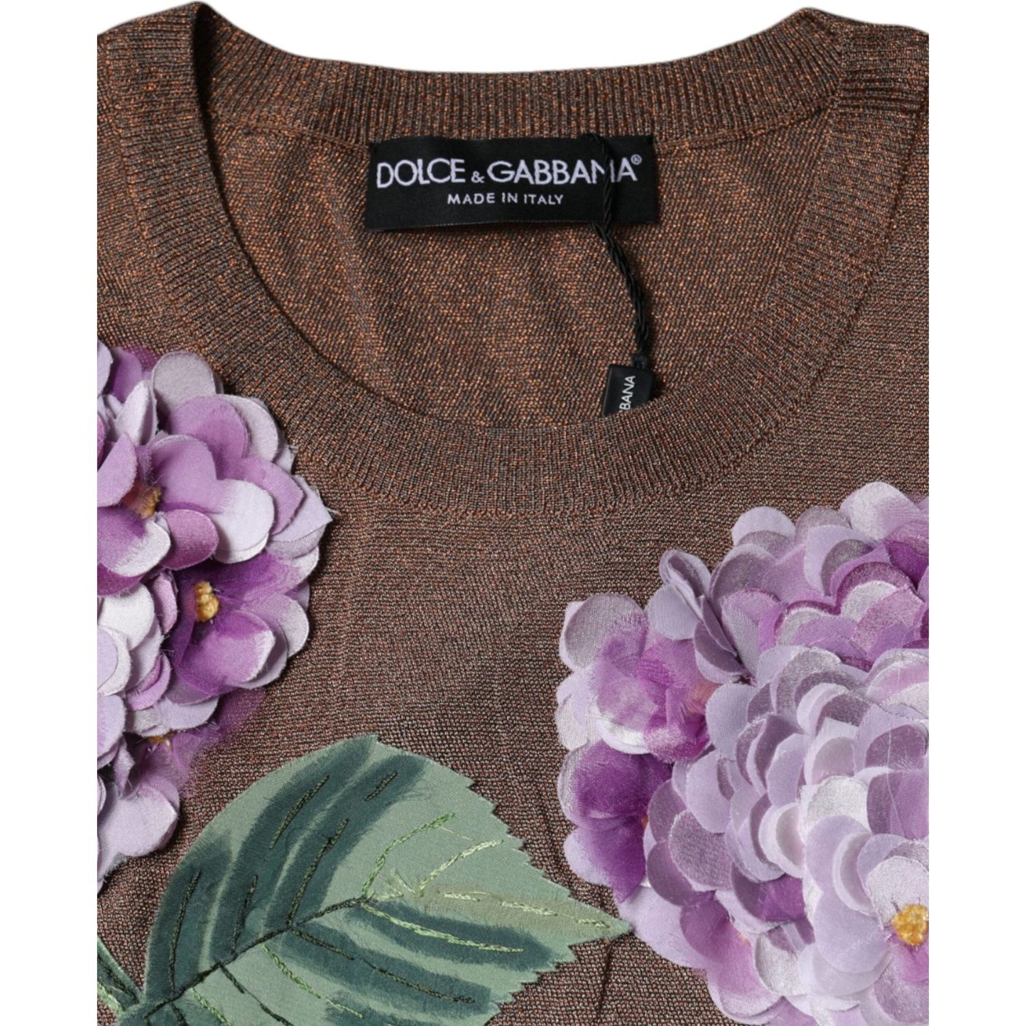 Dolce & Gabbana Brown Floral Applique Viscose Short Sleeve Top Dolce & Gabbana Dim Gray
