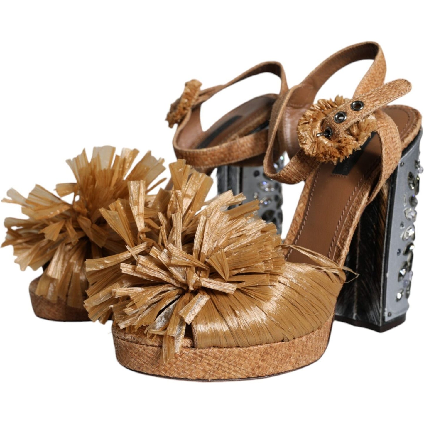 Dolce & Gabbana Brown Raffia Ankle Strap Crystal Sandals Shoes Dolce & Gabbana Sienna