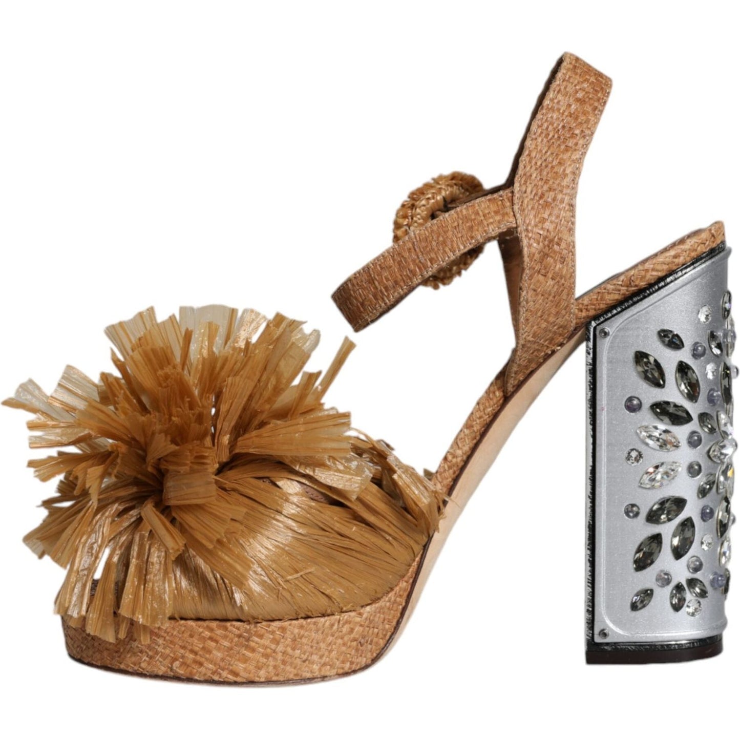Dolce & Gabbana Brown Raffia Ankle Strap Crystal Sandals Shoes Dolce & Gabbana Sienna