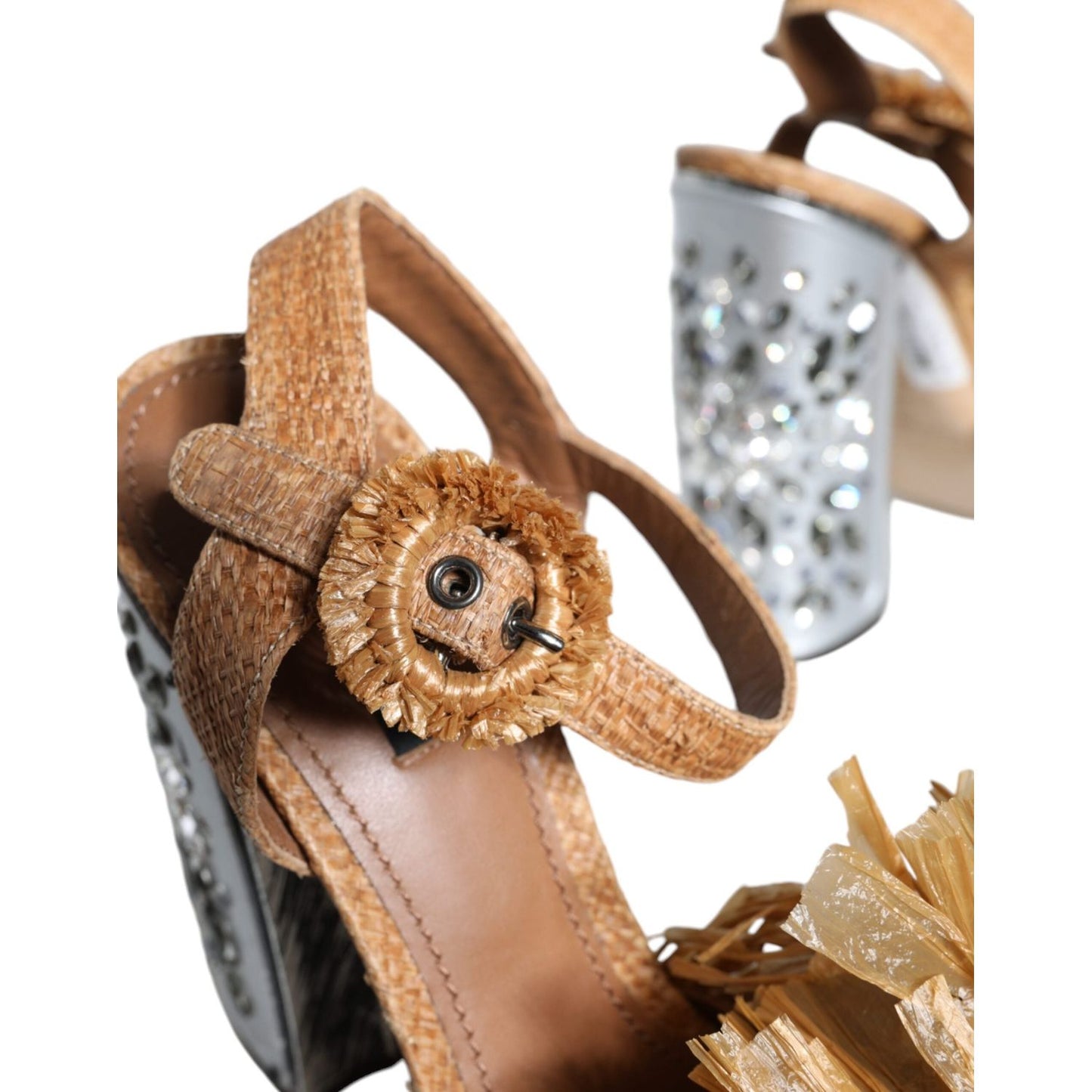 Dolce & Gabbana Brown Raffia Ankle Strap Crystal Sandals Shoes Dolce & Gabbana Rosy Brown