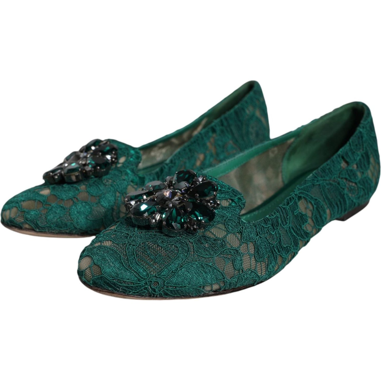 Dolce & Gabbana Green Lace Crystal Ballet Flats Loafers Shoes Dolce & Gabbana Dark Slate Gray